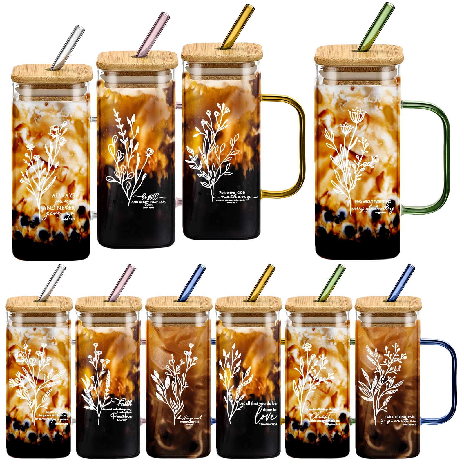Photo 1 of Singhoow 10 Pcs Christian Glass Tumbler Bulk 13.5oz Father’s Day Tumbler Gifts Bible Verse Drinking Cup with Handle Lid Straw Inspirational Religious Appreciation Cup for Church Women Office Coworker