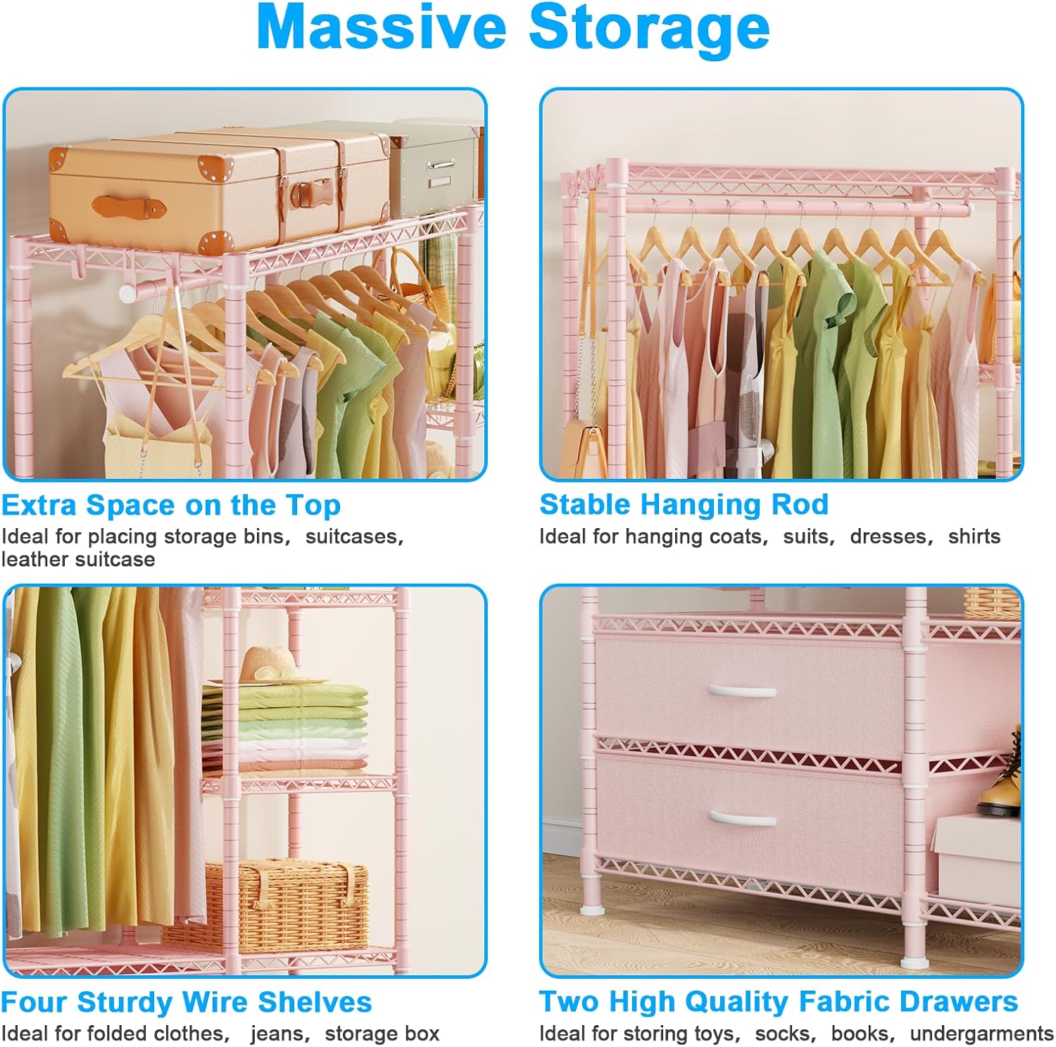 Pink Carbon Steel Portable Clothes Rack with Fabric Drawers