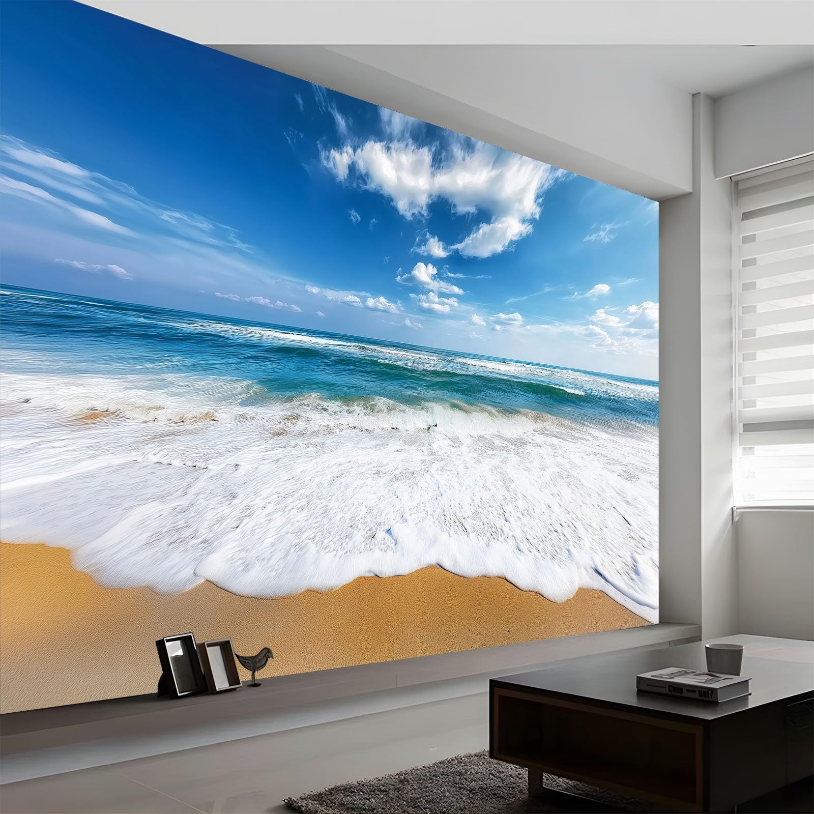 Mural Wallpaper Nature Landscape - Bedroom Living Room Sofa TV Background Home Wall Decor, Beach Blue Sky Ocean Waves for Office Dorm Dining Room Kid's Room 250 x 175 cm