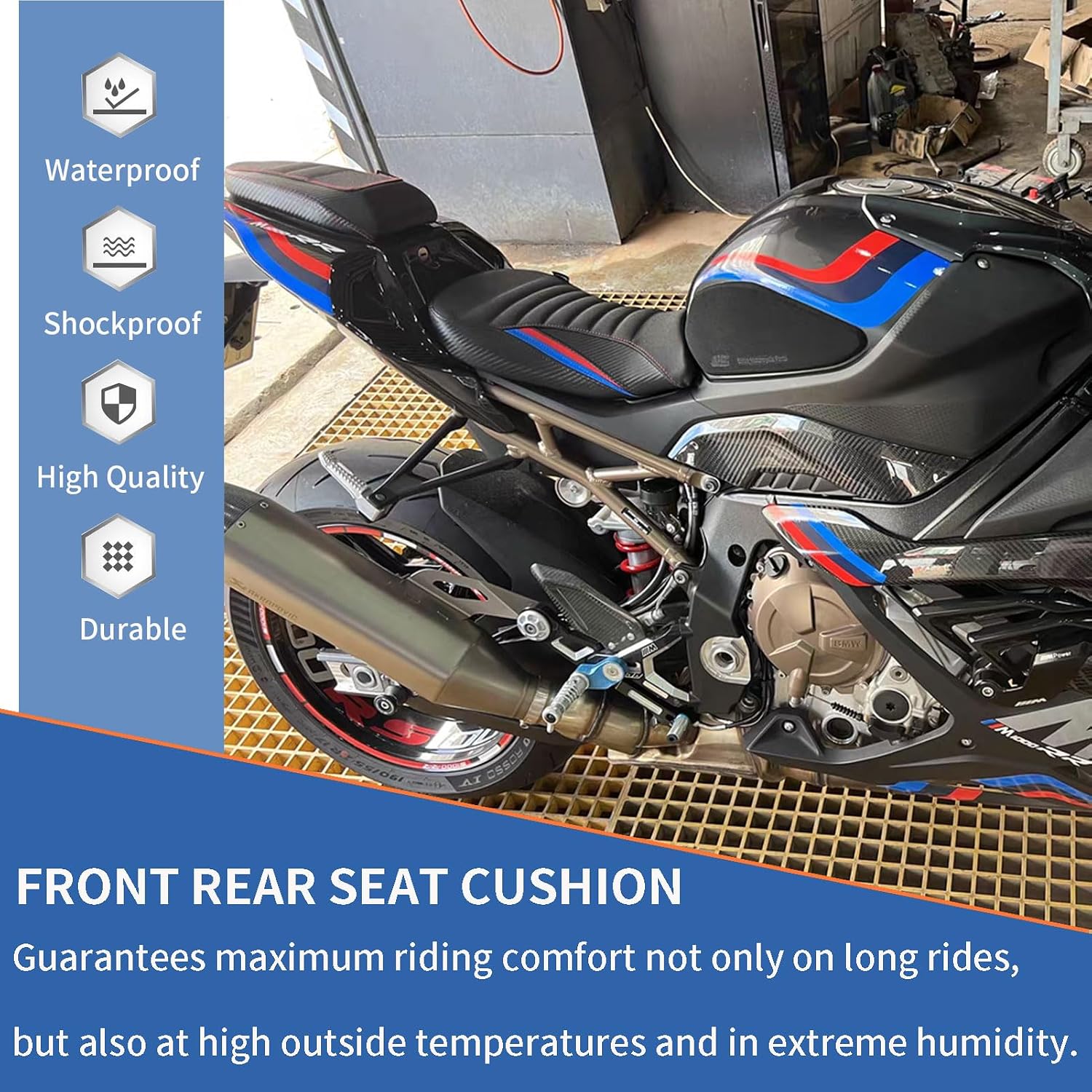 Touring Soft Leather Front Driver Rear Passenger Seat Cushion Seat Pad Rear Pillion Seat fit for B&M&W S1000RR S 1000 RR S-1000-RR Accessories 2019-2023 (Front-Blue-Red)