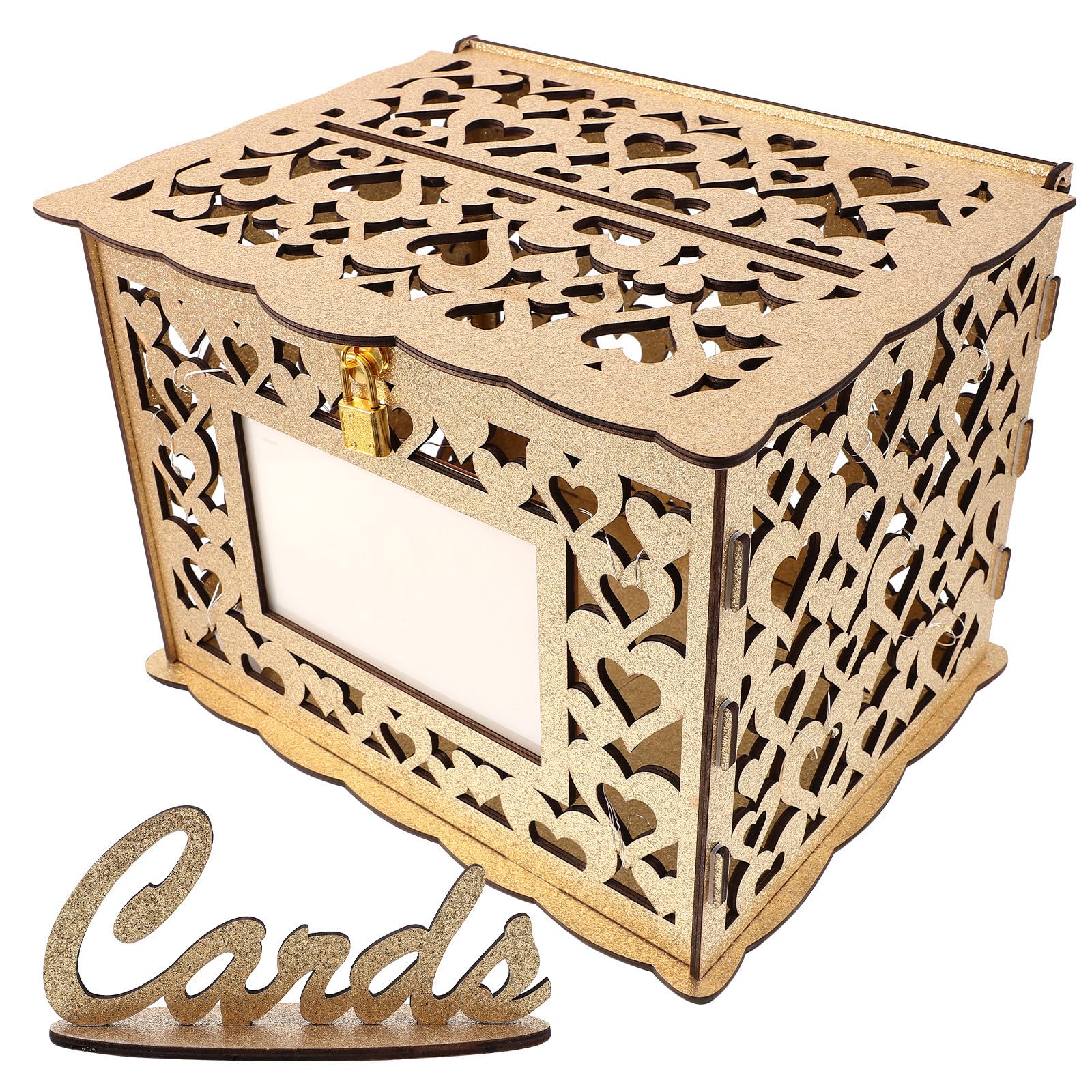 Caja para tarjetas de boda dorada TOYANDONA madera y metal luces recuerdos