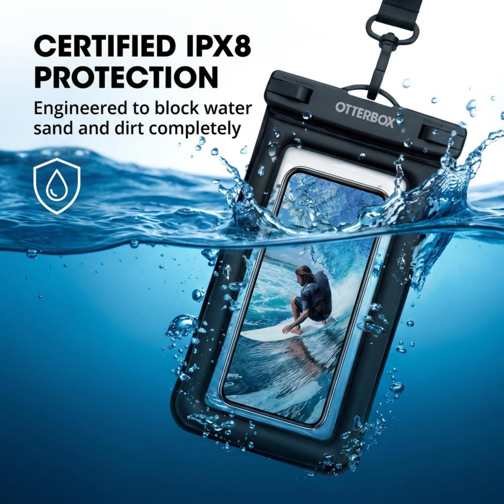 OtterBox Wasserdichte Universal-Handytasche, IPX8, tauchfähig, mit robustem Clip und Umhängeband, transparente PVC-Touchscreen-Hülle für Strand, Reisen, Bootfahren und Pool, Schwarz, 2 Stück
