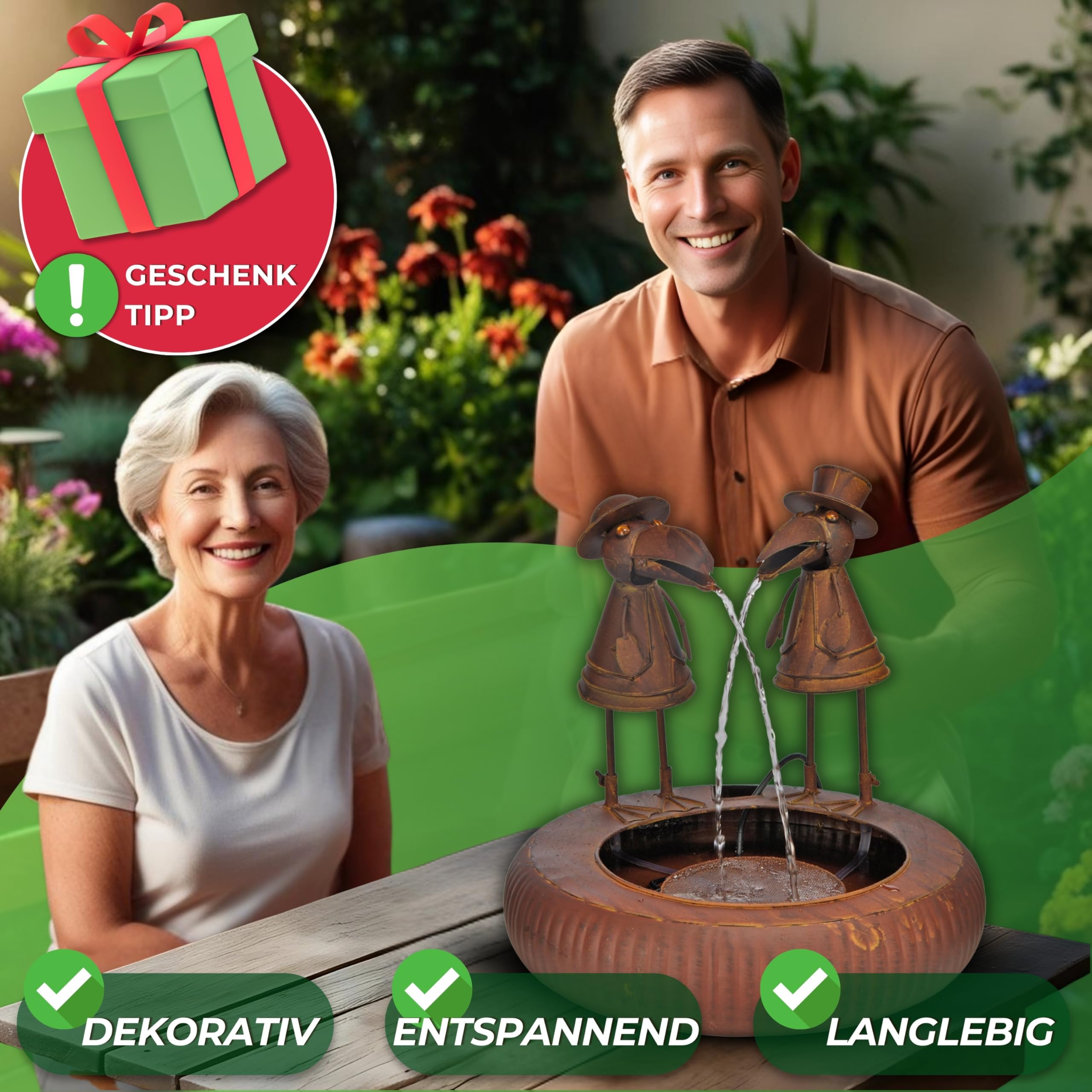 Schauer Metallbrunnen mit Zwei Raben – Wasserspiel in Rostoptik – Gartenbrunnen, Wasserspeier & Gartendeko für Draußen – Zimmerbrunnen, Springbrunnen & Tischbrunnen für Garten, Terrasse & Balkon