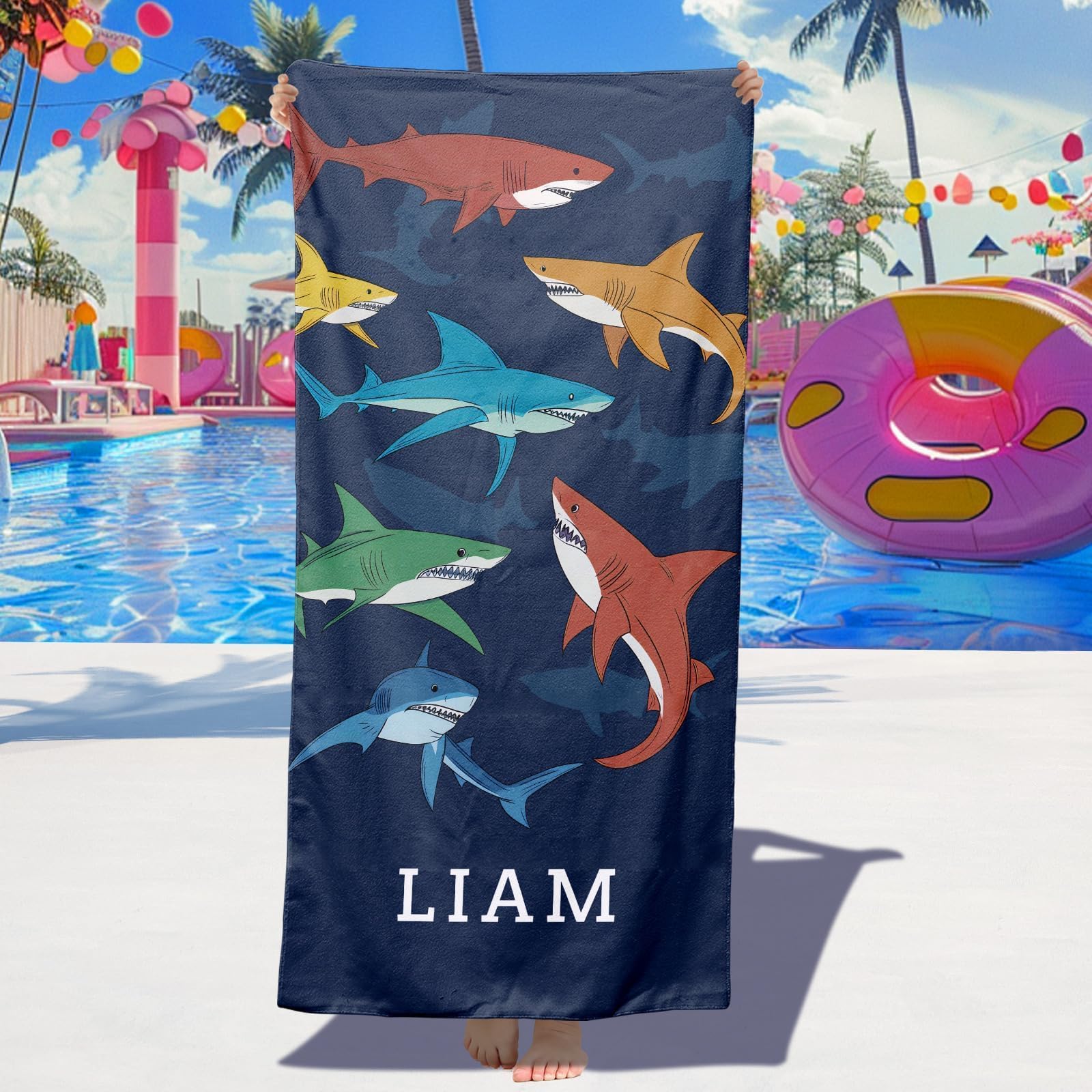 Loosusu Personalised Beach Towels for Kids - Custom Beach Towels with Monogram & Name- Ultra Absorbent Super Soft Swimming Towels for Kids,Customised Bath/Pool/Beach Towel for Boys Girls(Shark)