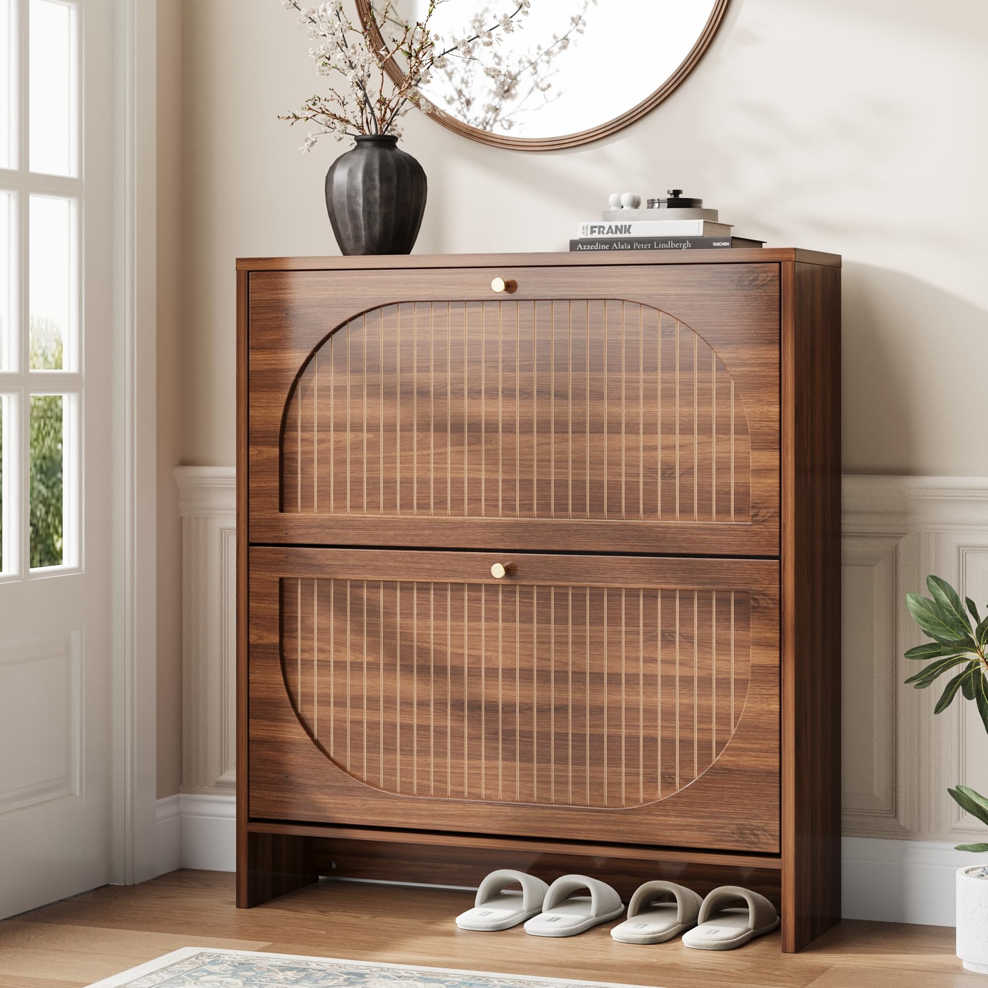 Photo 1 of [MISSING PARTS] Nicetree Arch-Chic Shoe Cabinet for Entryway, Modern Mid-Century Shoe Storage Cabinet with Fluted, Narrow Shoe Rack with Adjustable Shelves & Tipping Protection, Fits Size 12 Shoes,Luminous Walnut