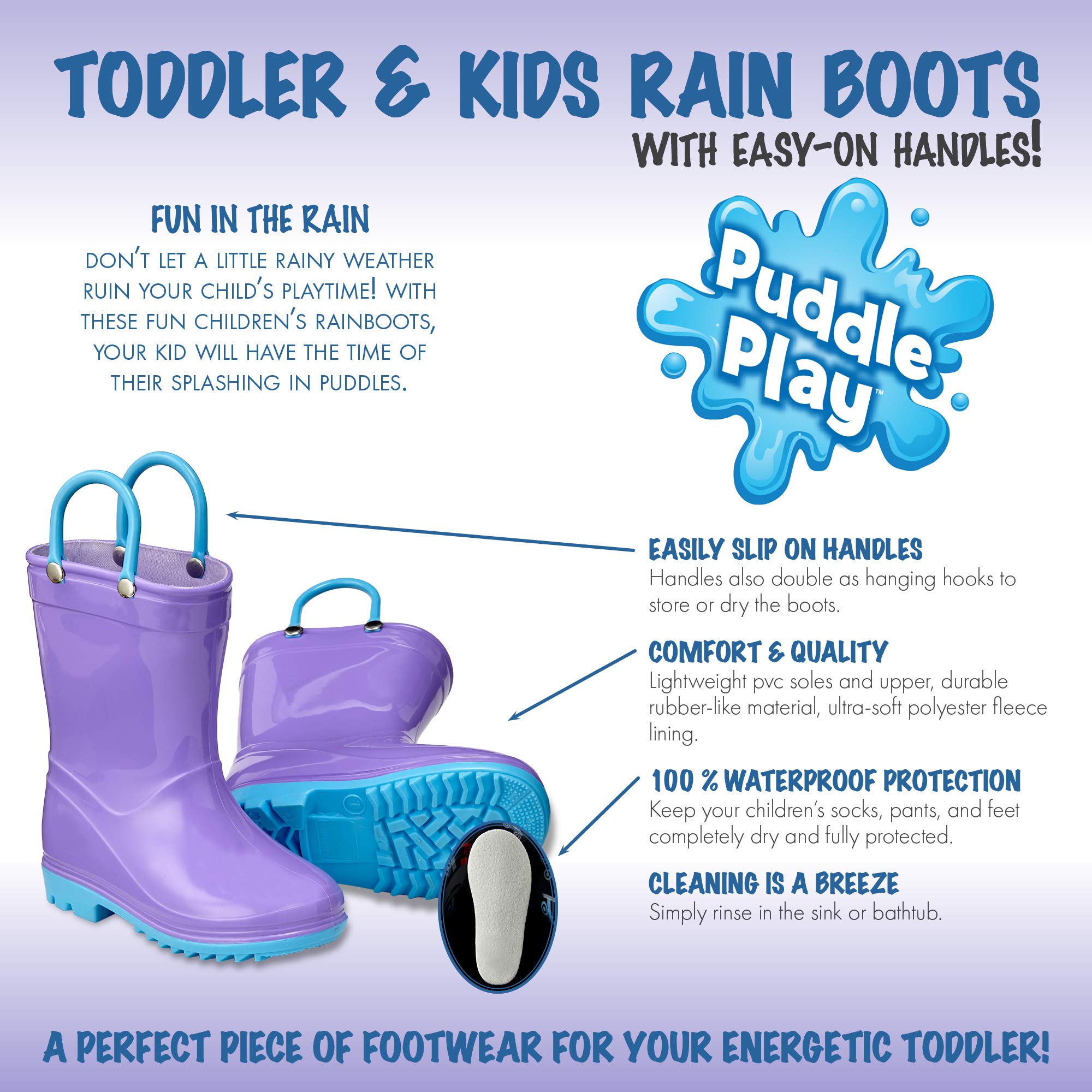 Puddle Play Botas de lluvia impermeables de PVC para niños y niños con asas fáciles de poner, botas ligeras y antideslizantes para exteriores para niños y niñas