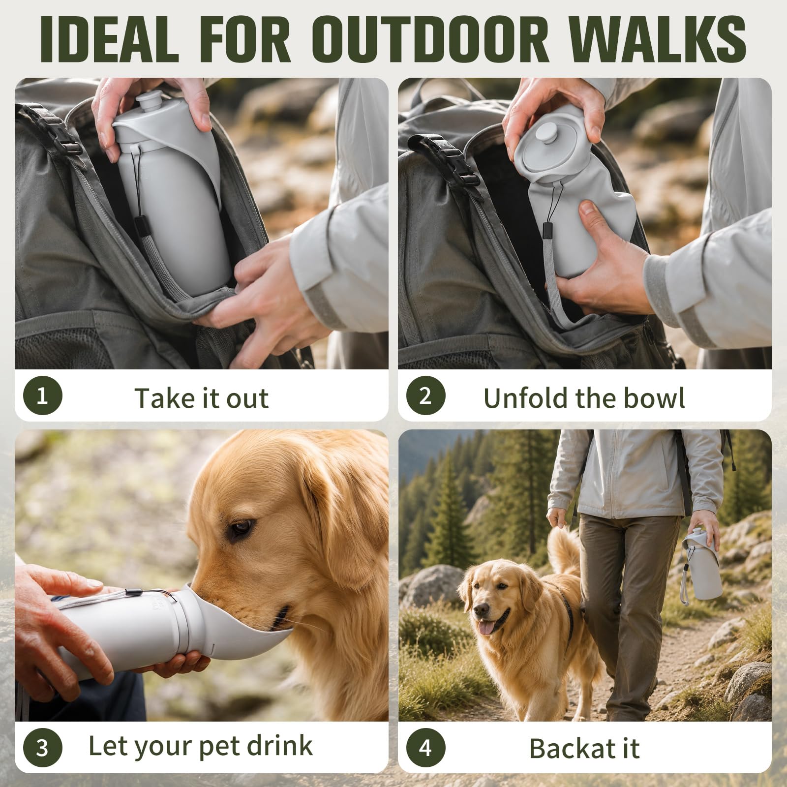 kissleaf Bouteille d'eau portable pour chien, pliable, pour promenades et | Bouteille d'eau de voyage pliable pour chien, taille 550 ml, silicone de qualité alimentaire, design Flow-Back et étanche