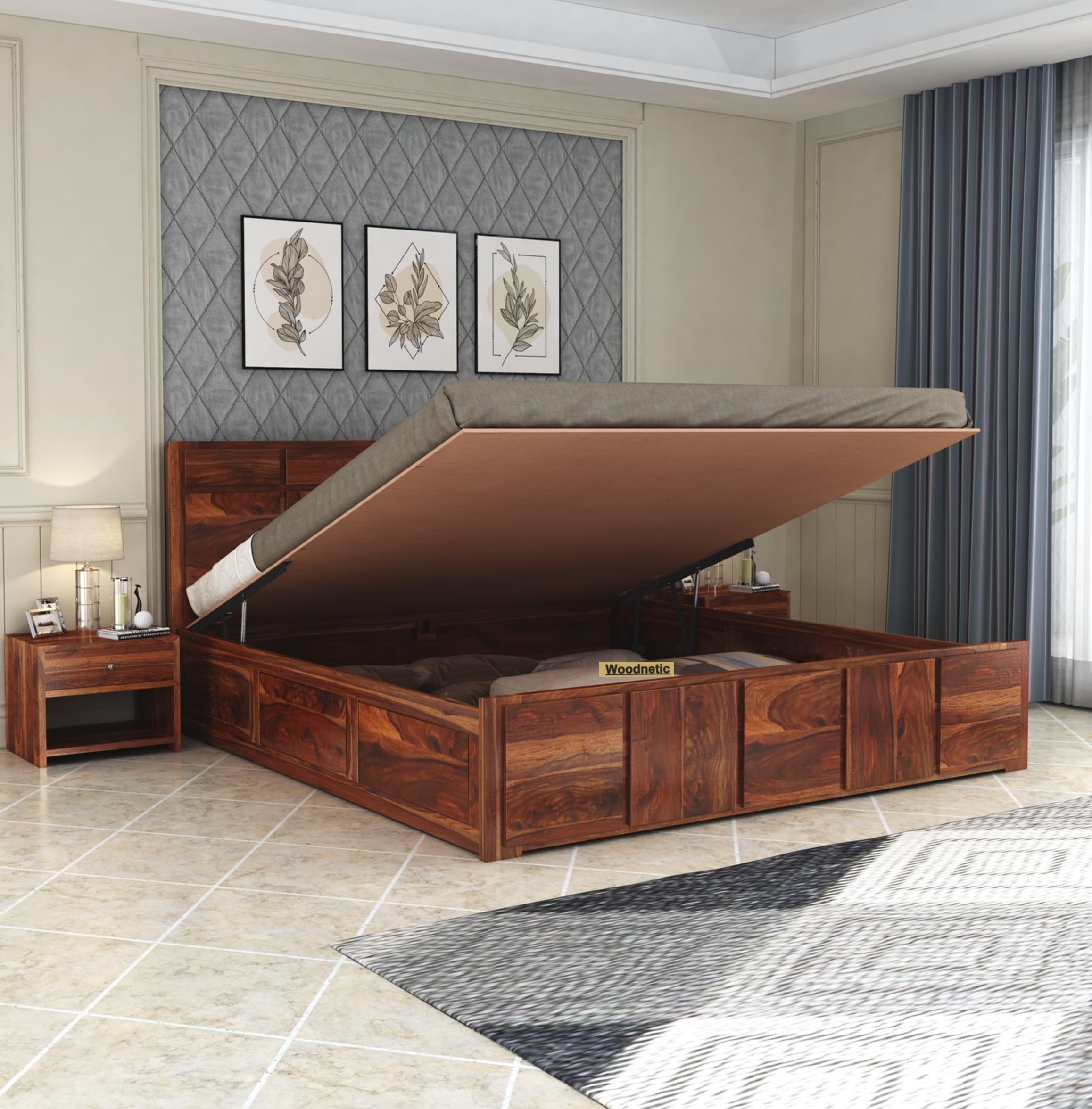 WOODNETIC Solid Sheesham Wooden Double Queen Size Bed with Hydraulic Storage for Bedroom, Solid Wood Double Bed for Living Room, Wooden Palang for for Home - Natural Finish