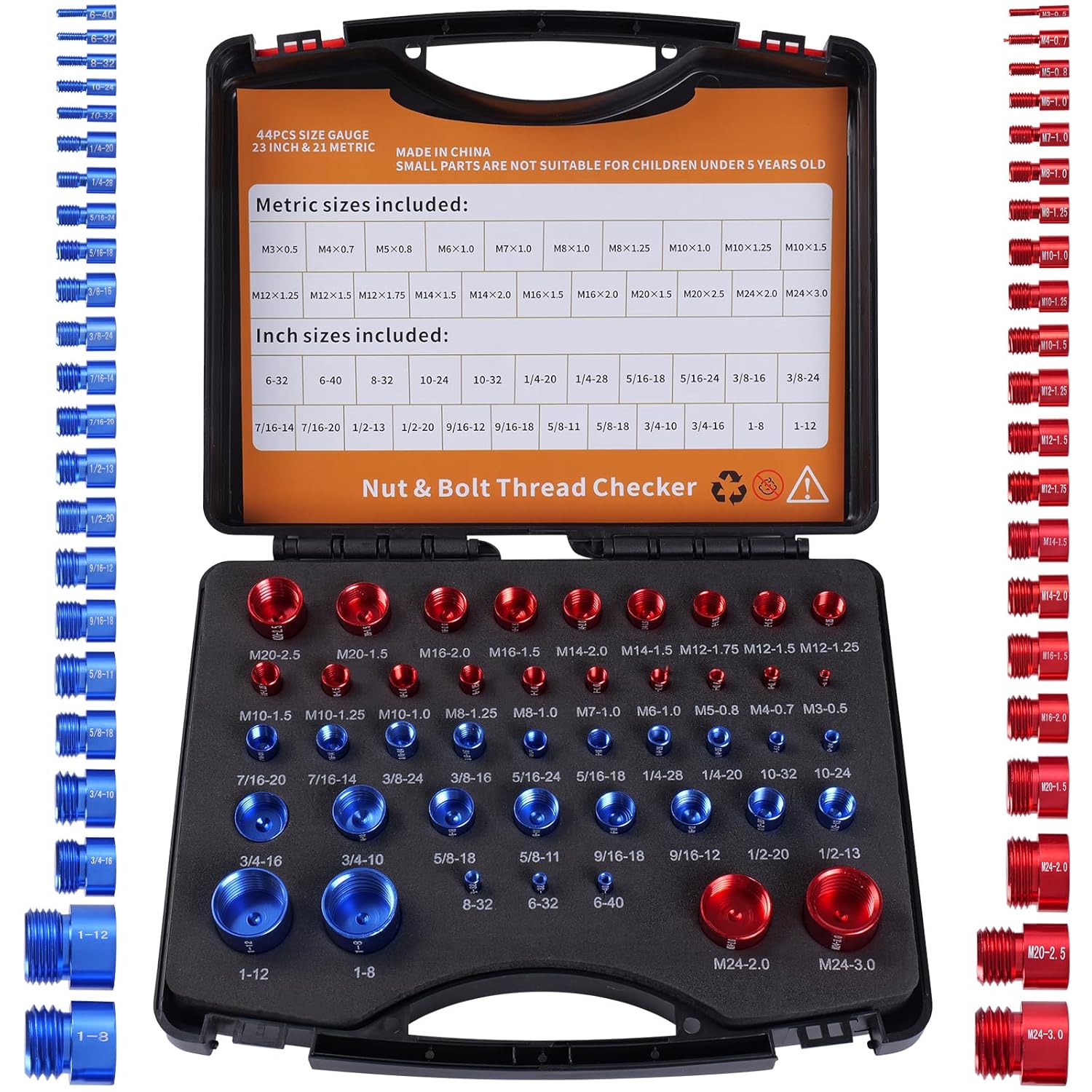 Nut and Bolt Thread Checker, Aluminum 44 pcs inch & Metric Nut and Bolt Size Gauge, New Individually Assembled Thread Gauge, Suitable for Inspecting Various Fixed Bolts or Threaded Holes.