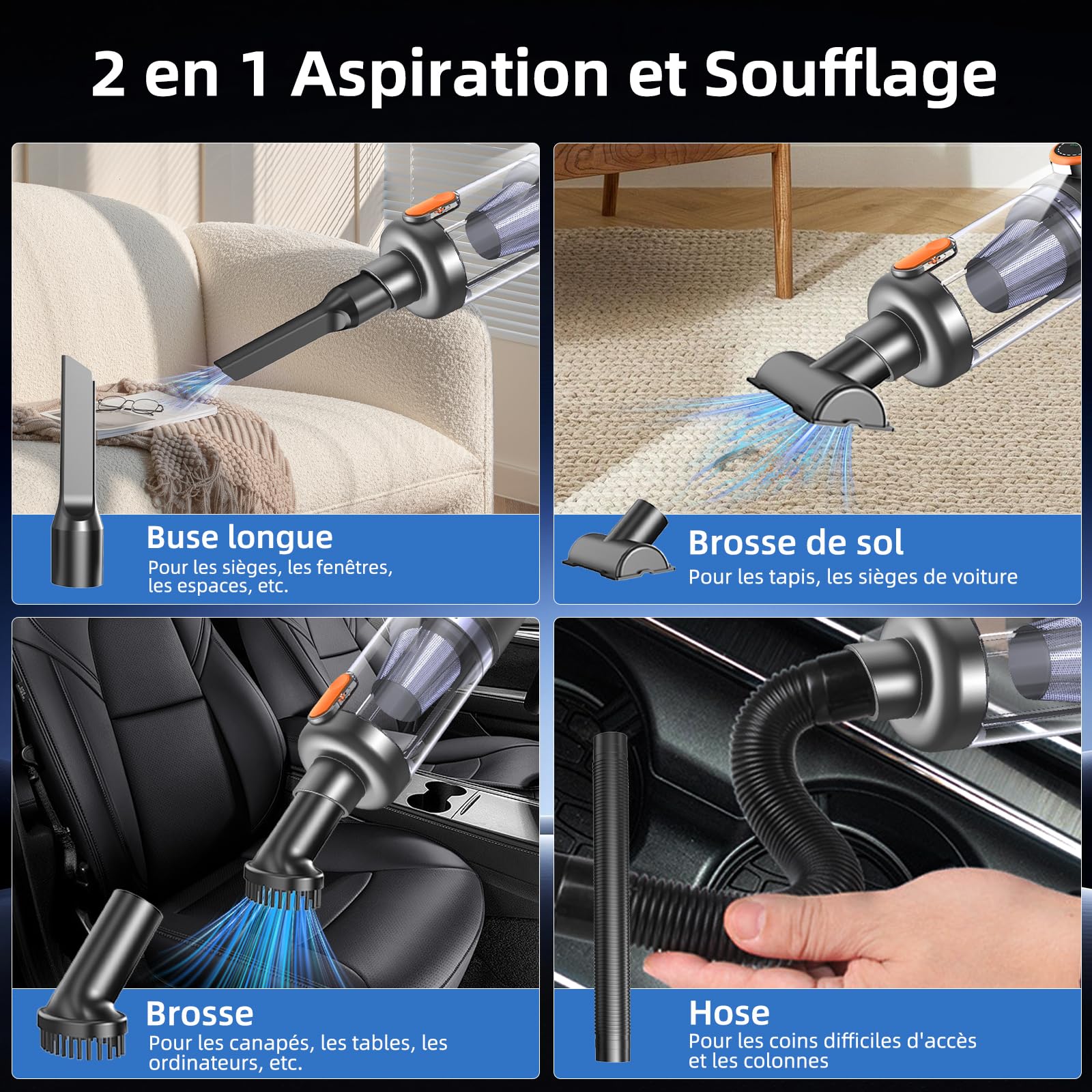 Aspirateur à Main, 26000Pa 4-in-1 Aspirateur sans Fil Puissant, Dépoussiérage par One Pression, Moteur sans Balais, écran HD et Lumière LED, Mini Aspirateur Voiture pour Maison/Bureau/Voiture, Orange