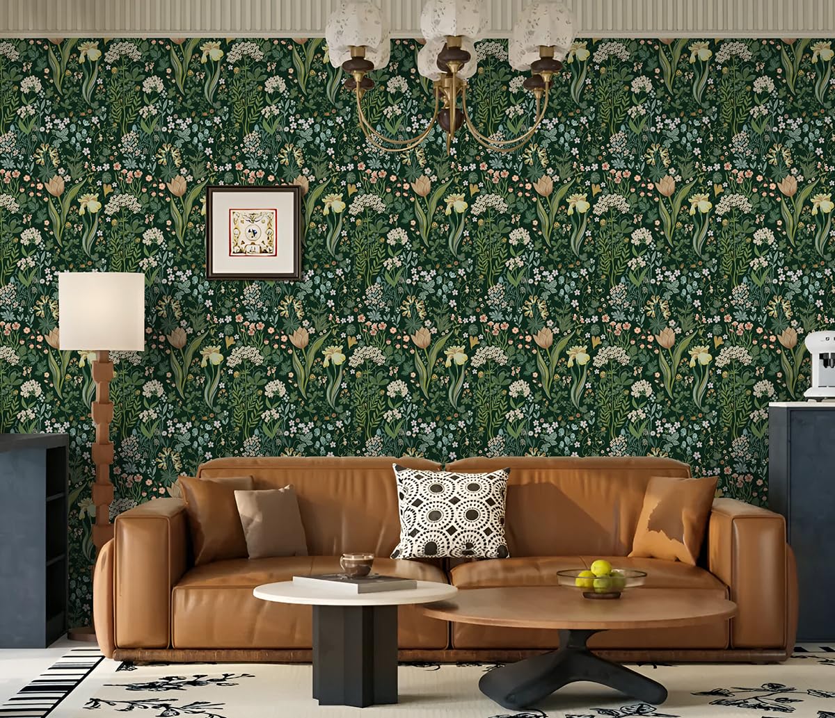 LiKiLiKi Samoprzylepna tapeta w kwiaty, 44 x 1000 cm, zielona, tapeta kwiatowa, retro, kwiaty, liście, tapeta z motywem, folia samoprzylepna, tapeta ścienna, wodoszczelna folia do mebli, do sypialni,