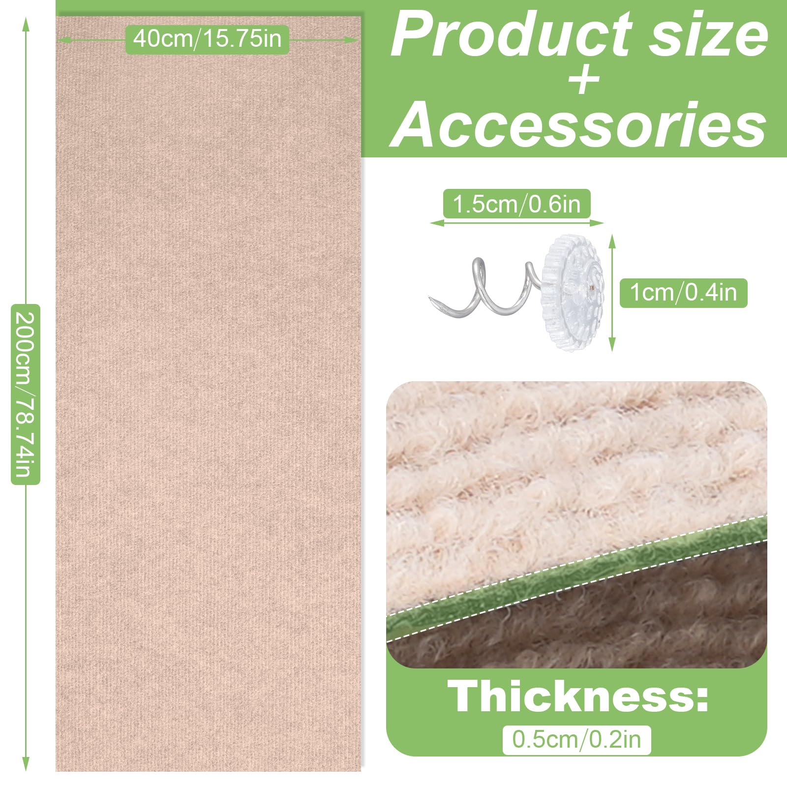 Cat Scratching Mat, Self-Adhesive Cat Scratcher for Couch Furniture or Wall Protector, Scratching Carpet Covering Cat Tree Tower, Replacement Scratching Pads (Khaki, 20 spiral nails, 78.7
