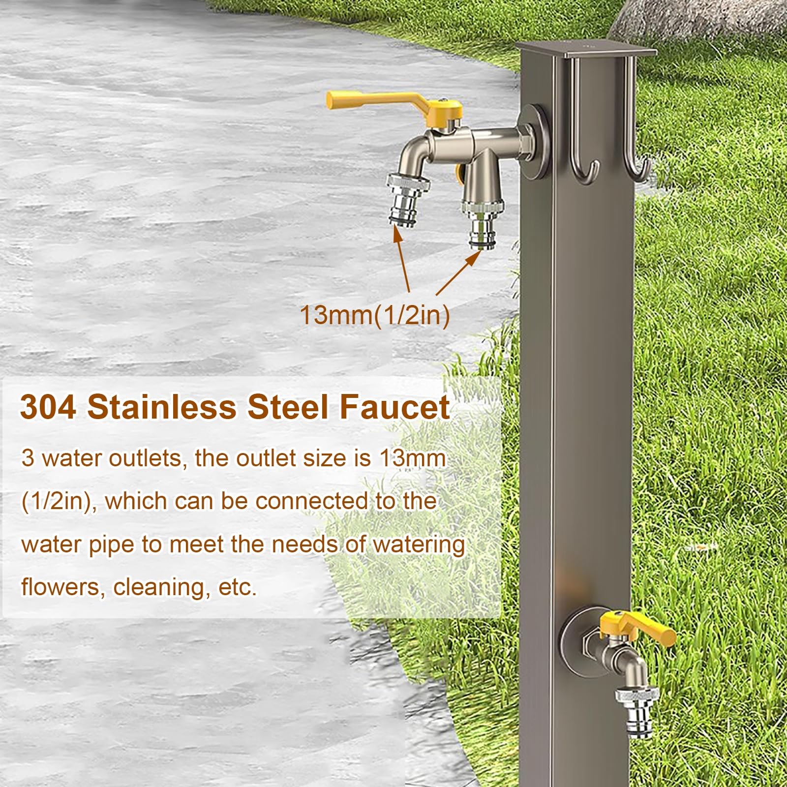 Colonna Acqua Giardino da Esterno, Rubinetti da Esterno Fontana da Giardino in Acciaio Inox 304 con Gancio per Tubo Dell'acqua, 3 Uscite D'acqua, per Irrigazione di Giardini, Fattorie, Pascoli