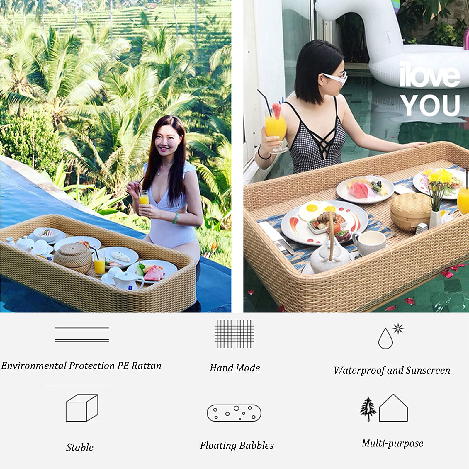 Plateau de Service tissé en rotin Plateau Alimentaire avec poignées Plateau Flottant Plateau de Service Flottant de Luxe Table Bar Piscine Plateau Flottant pour Piscine Servant des Boissons