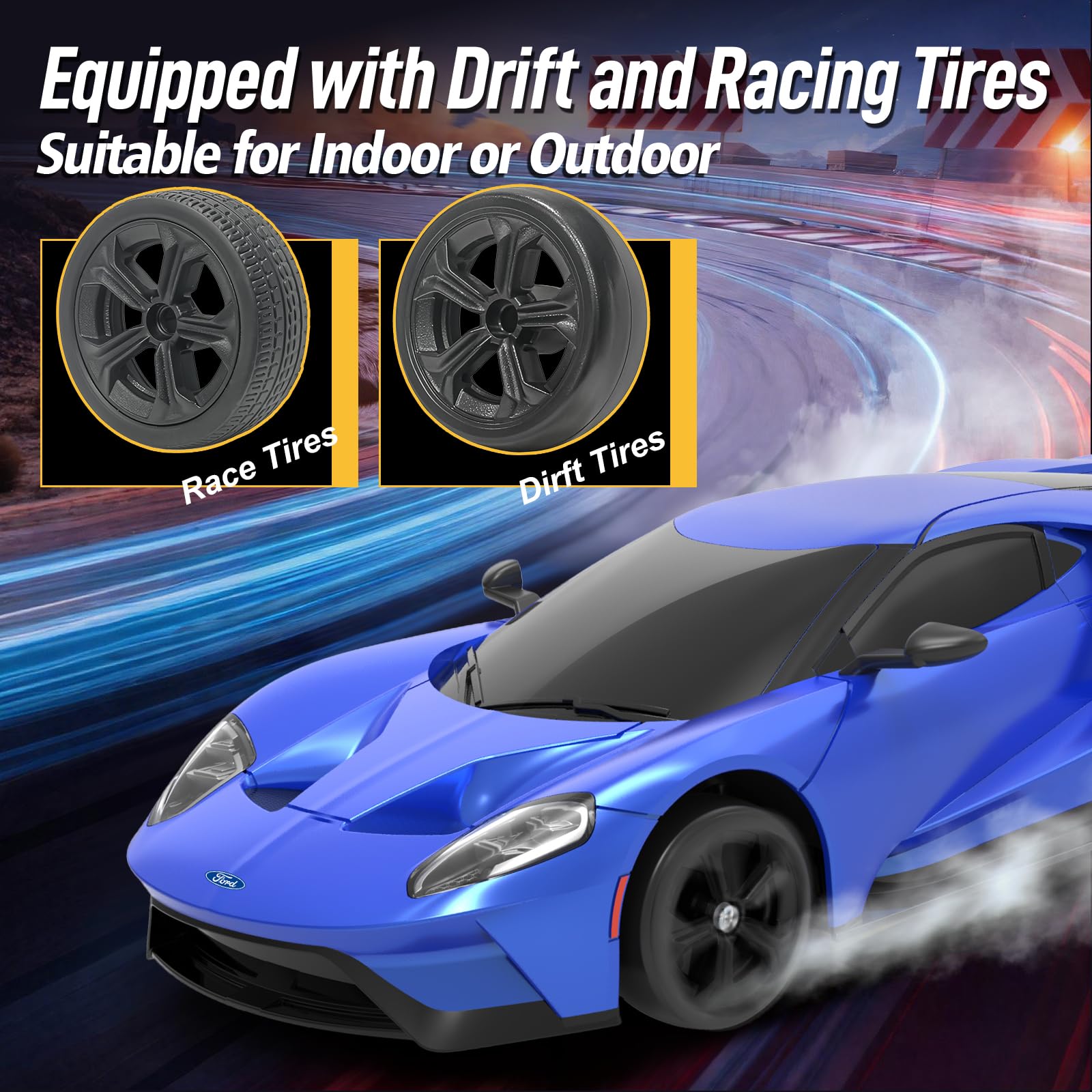 YONCHER RC Voiture Télécommandée Drift, Ford GT sous Licence Officielle, 1:24 20KM/H 4WD Voiture Télécommandée Tout Terrain, RC Drift Car pour Enfant Adulte, Bleu