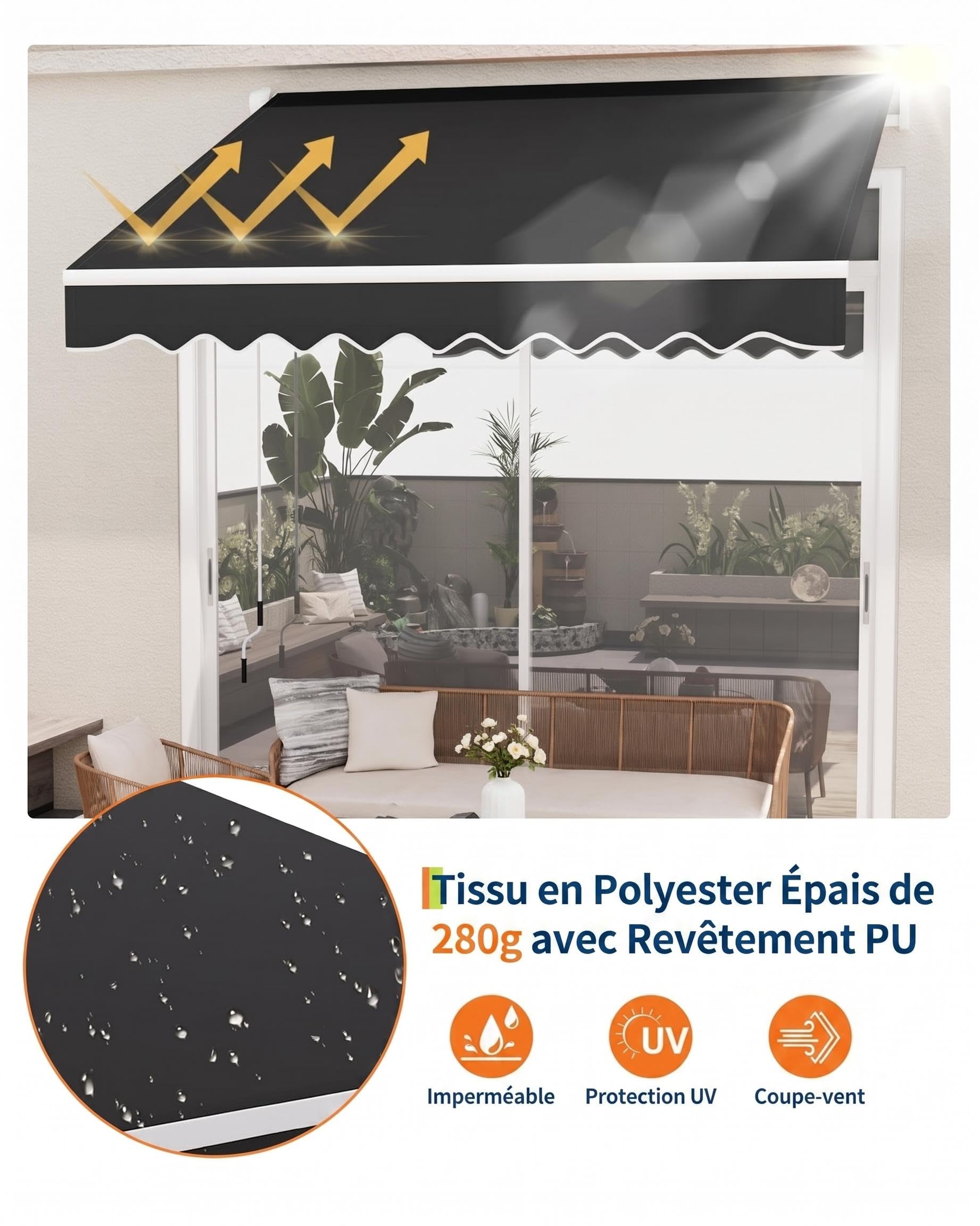 Garvee Store banne articulé extensionérieur 350x250cm – Protection UV50+, résistant à l'eau – Longueur et Angle réglables – Manivelle, Fixation fresquee – Idéal terrasse, Balcon – Noir, 11,5x8FT