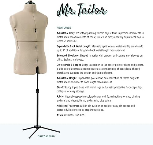 Miniatura 2 de Dritz Mr. Tailor - Forma de vestido ajustable para hombre, tallas de hombre M-XL, maniquí de costura con torso de cuerpo pinable, 13 diales y