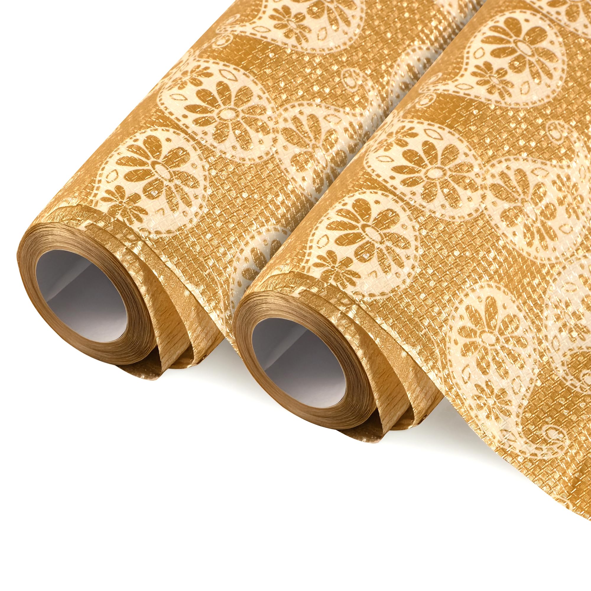 Kuber Industries 2 Pcs 5 Mtr PVC Waterproof Shelf Liners for Kitchen Shelves | Cupboard Mat for Wardrobe | Kitchen Shelf Mats Roll | Carry Print - Golden