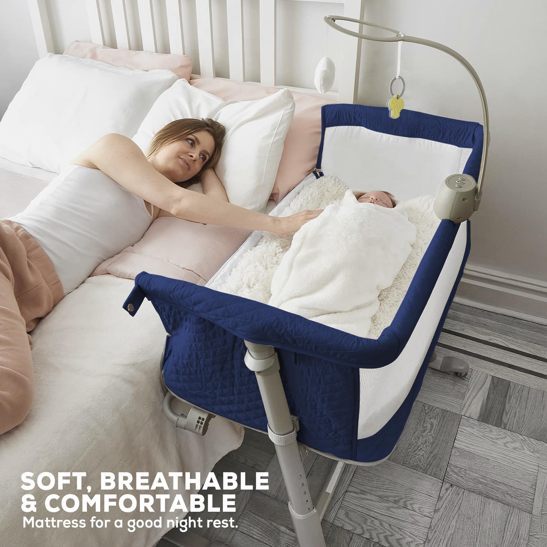 BAYBEE Premium Pro Bedside Crib Cradle for Baby | Bassinet for New Born with 6 Height Adjustable & Rocking Mode | Foldable Cot with Mosquito Net & Storage | Portable Bedside Baby Cribs & Cots (Grey)