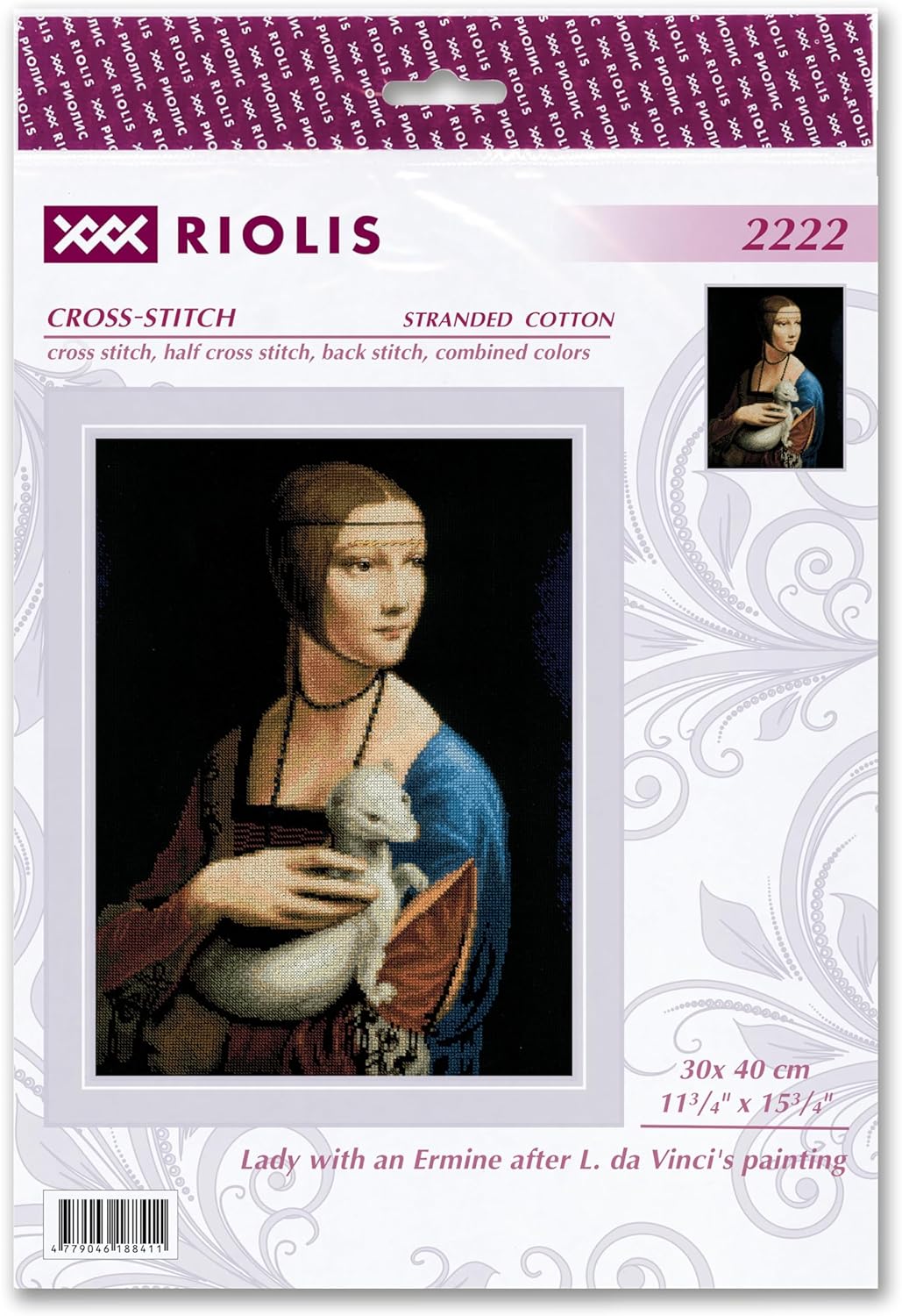 RIOLIS - Lady with an Ermine After L. da Vinci 2222, Cross Stitch Kits 11¾"x15¾, Cross Stitch Kits for Adults, Counted Stitch Kits, Embroidery Kit for Beginners & Advanced, Crossstitching Kits