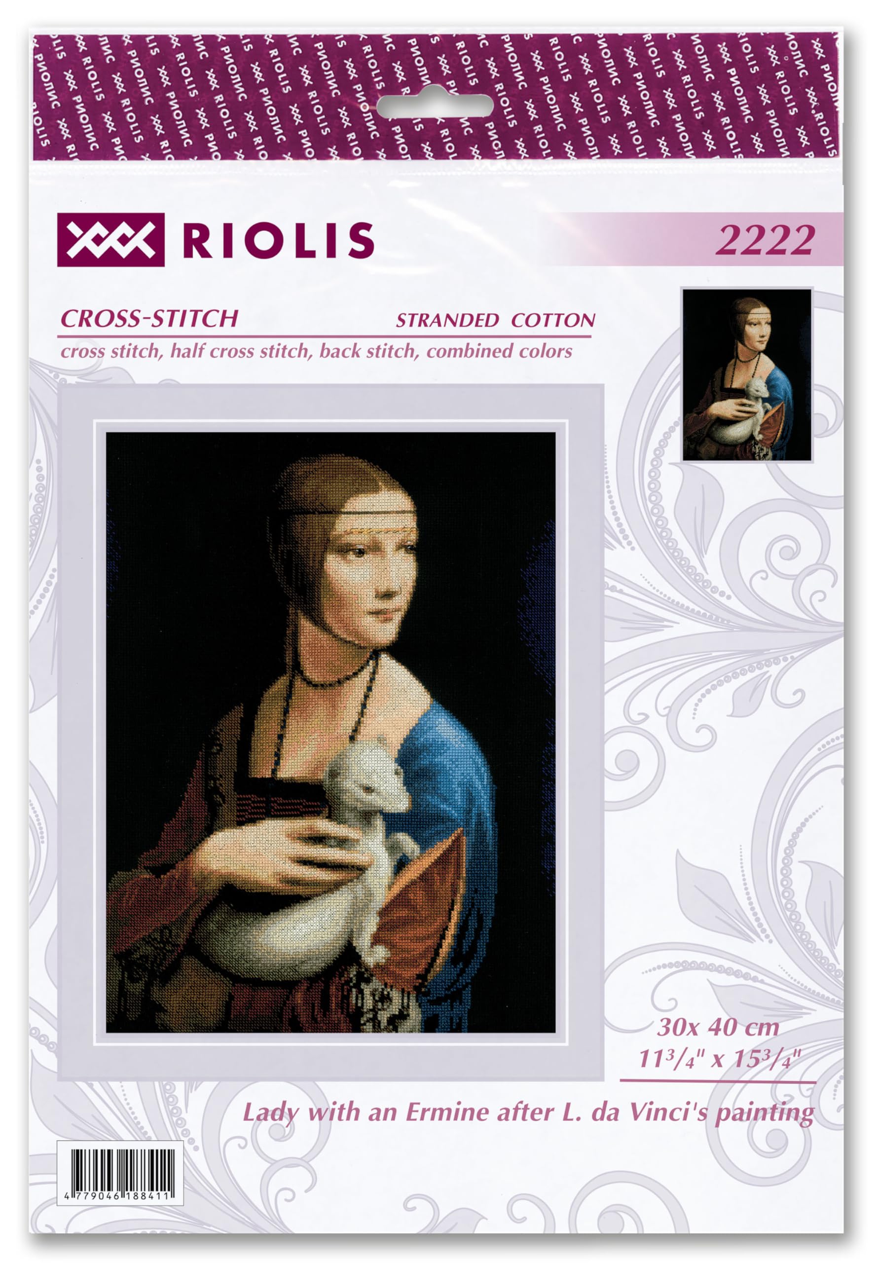 RIOLIS - Dama con l'ermellino secondo L. da Vinci 2222, Punto croce 30x40cm, Punto croce kit da ricamare, Disegni da ricamare, Embroidery kit, Set punto croce, Kit ricamo punto croce
