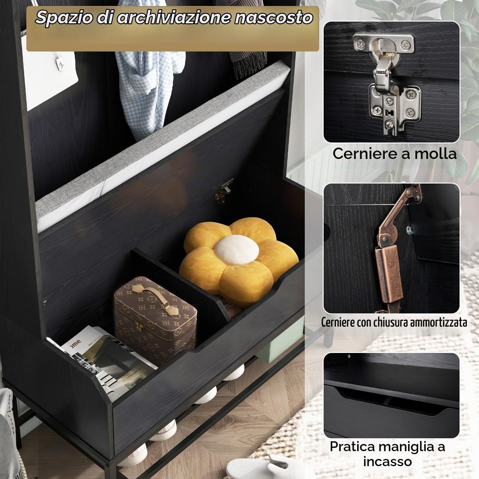 HOMASIS 4 in 1 Stand Appendiabiti da Terra, Mobile Ingresso con Scarpiera, Cassetto, Panca per Scarpe, 2 Scomparti e 3 Ganci, Armadio Aperto da Corridoio, Camera da Letto, 90 x 39 x 170 cm (Nero)