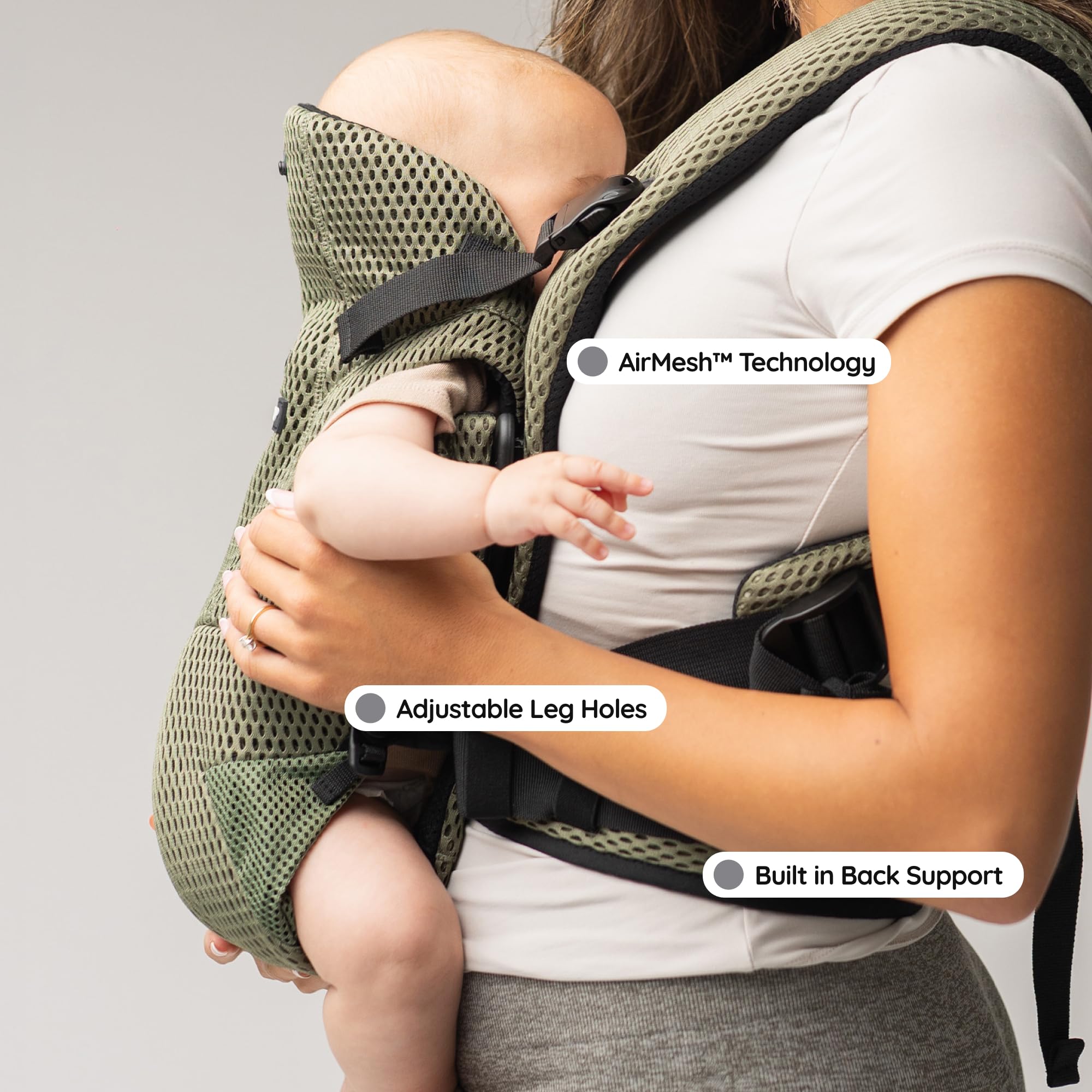 BABYGO AirMesh Babytrage mit integriertem Sabberlätzchen | von 0 bis 18 Monaten | Verstellbare, leichte und atmungsaktive AirMesh-Technologie (Olive, Air Mesh)