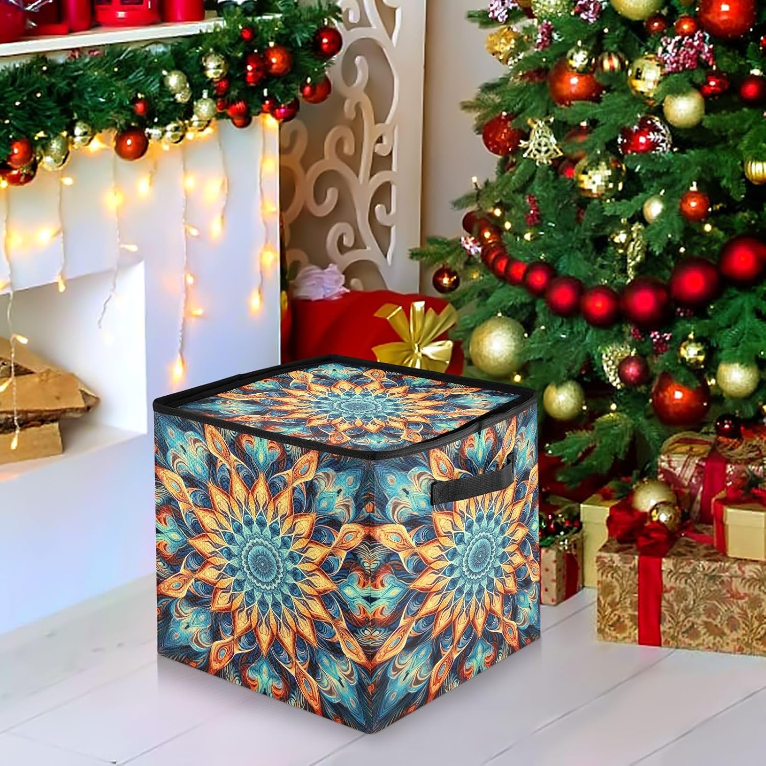 Orange Blue Mandala 13 Inch Christmas Ornament Storage Box with Lid - Holiday Decor Storage Containers, Stores 64 Ornaments, 3 Inch Cube Compartments