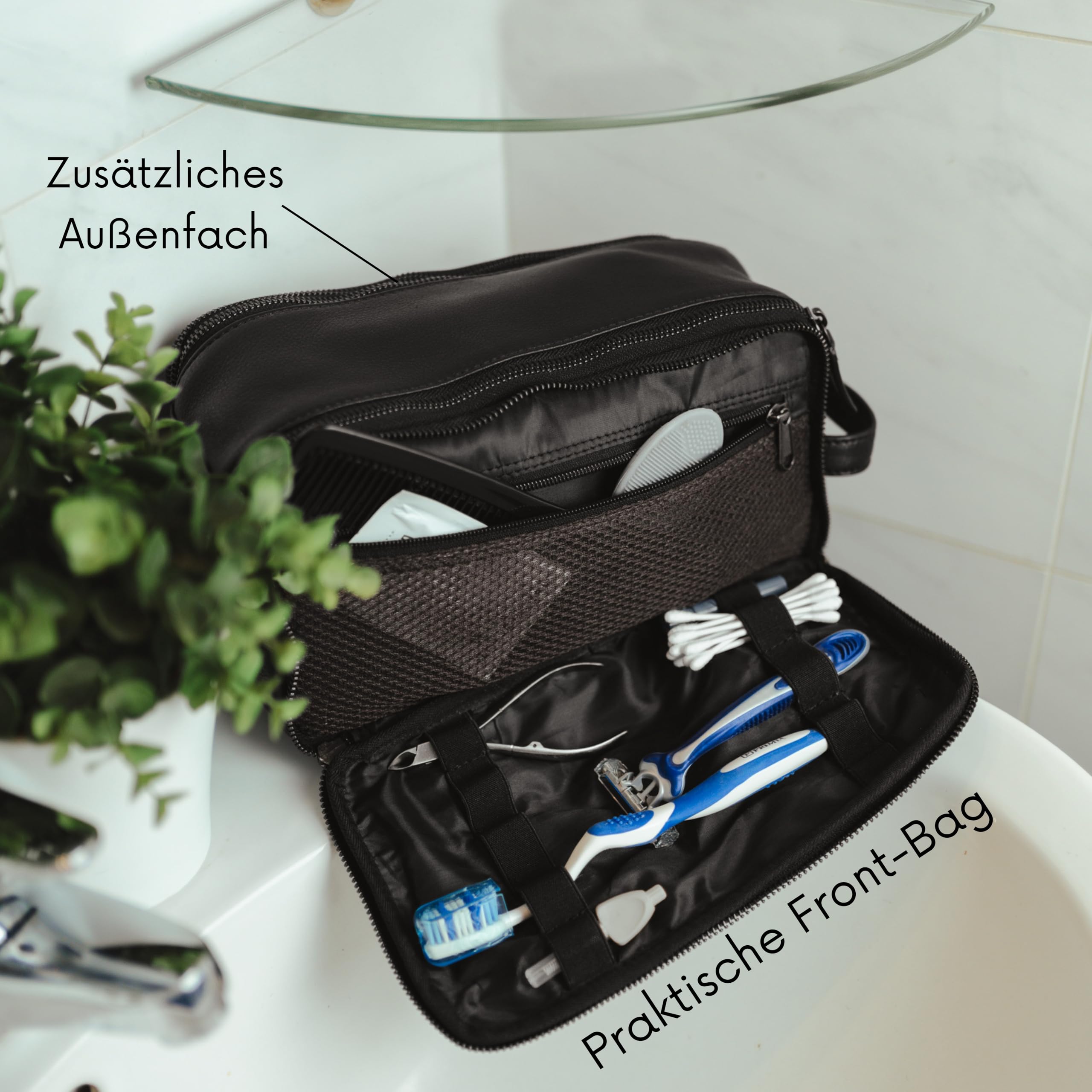 Baur Kulturbeutel aus echtem Leder – Große Toilettentasche mit viel Platz – Kulturtasche für Damen und Herren (Rindsleder Schwarz)