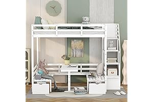 Kid-Friendly Study Space: MERITLINE Full Loft Bed with Table and Stairs