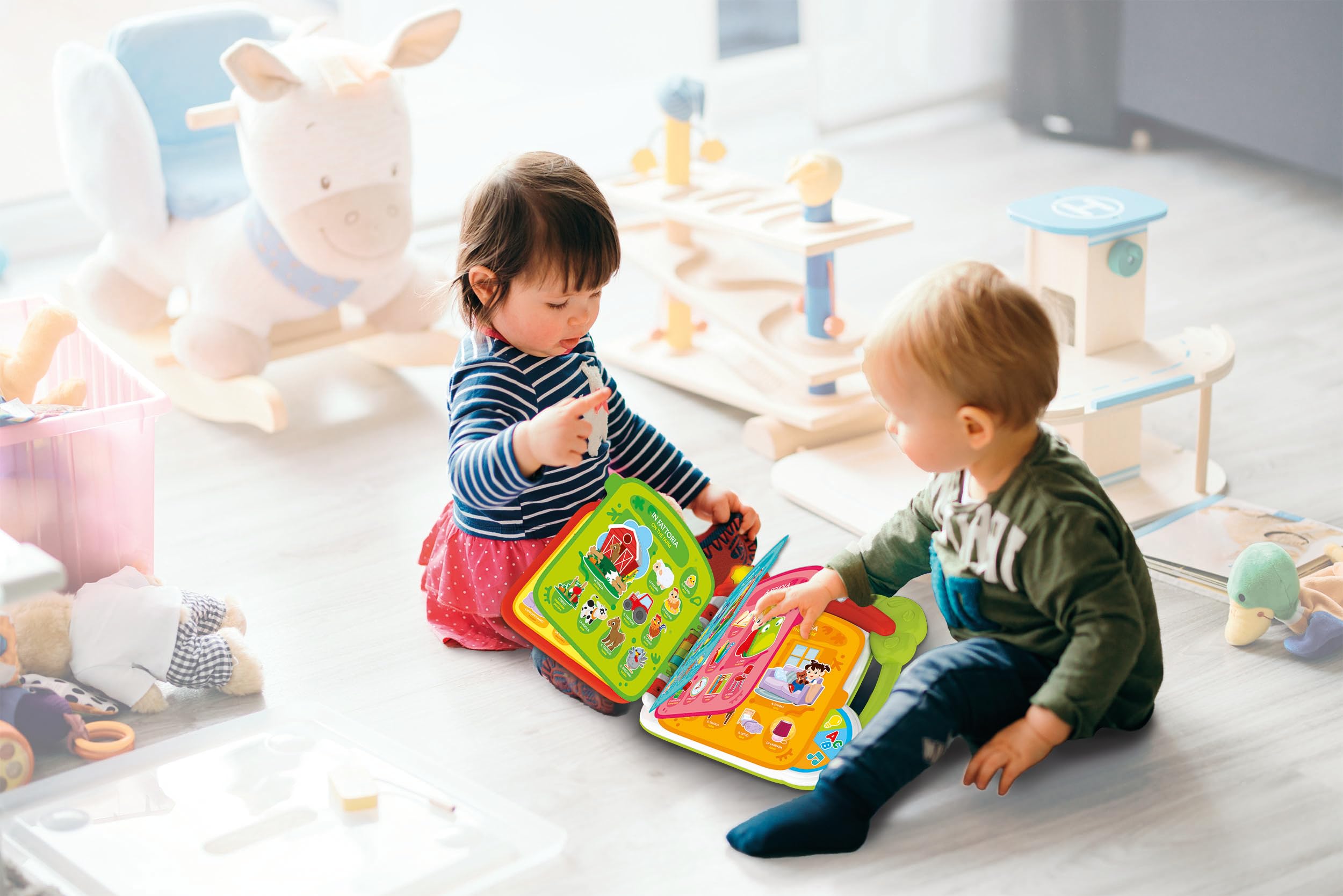 Clementoni Baby Discover the world in 100 worlds - interactive book 1 year electronic speaking, edukacyjna dwujęzyczna książka dla dzieci, dwujęzyczny dźwięk dotykowy, nauka włoskiego i angielskiego,
