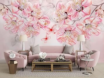 Murwall Boho Floral Wallpaper Cherry Blossom Wall Mural Pink Flower Bouqet Wall Print Chinese Home Decor Cafe Design