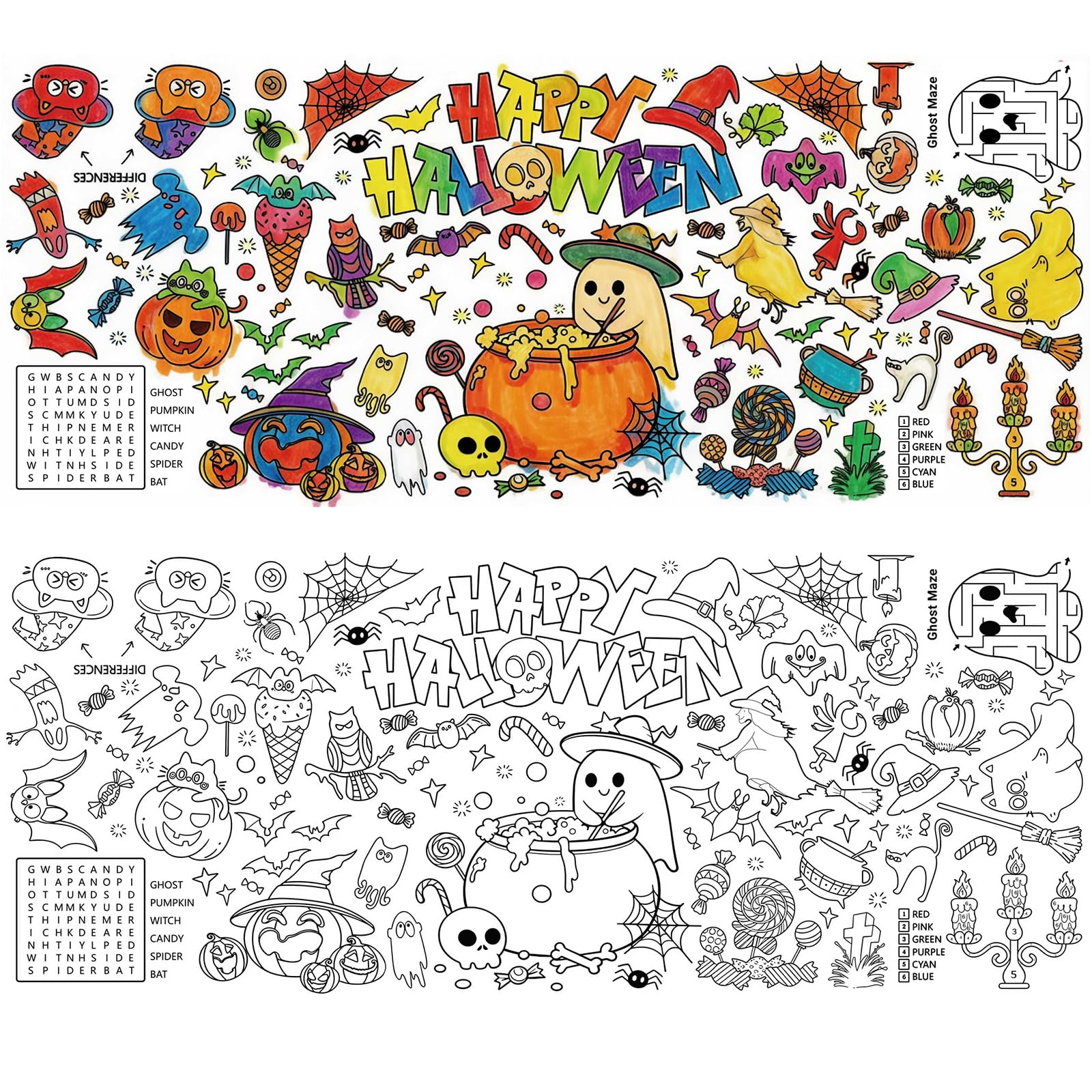 Plusupon Halloween Colouring Tablecloth, 183×76cm Giant Halloween Coloring Table Cloth Poster, Hallo ween Art Crafts Paper Banner, Party Colouring Mat for Party Decorations Supplies