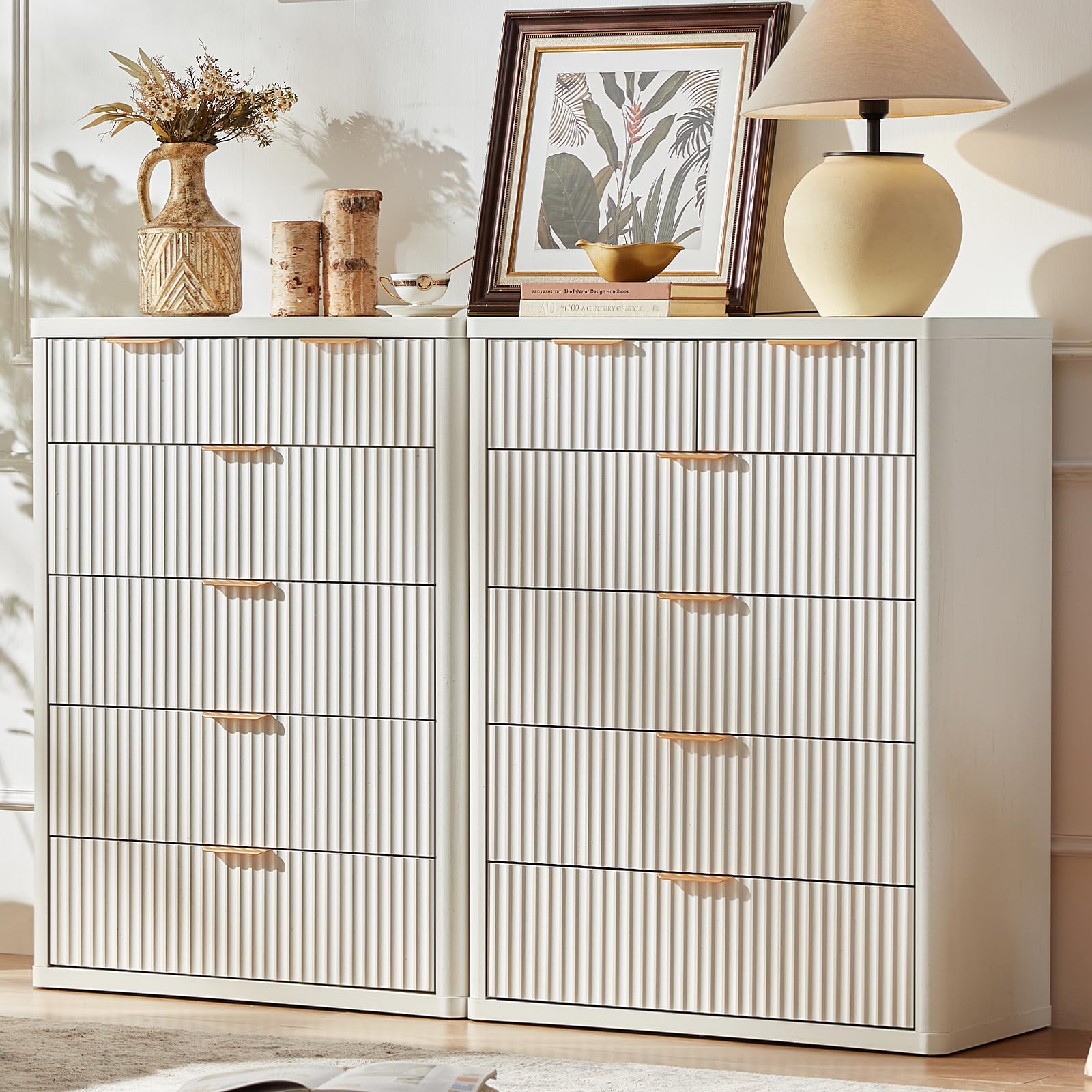 LEYAOYAO Fluted 6 Drawers Dresser for Bedroom Set of 2, 42" Tall Modern Chest of Drawers with Metal Handle, Curved Profile Design,White Wood Drawer Organizer for Bedroom, Living Room, Hallway