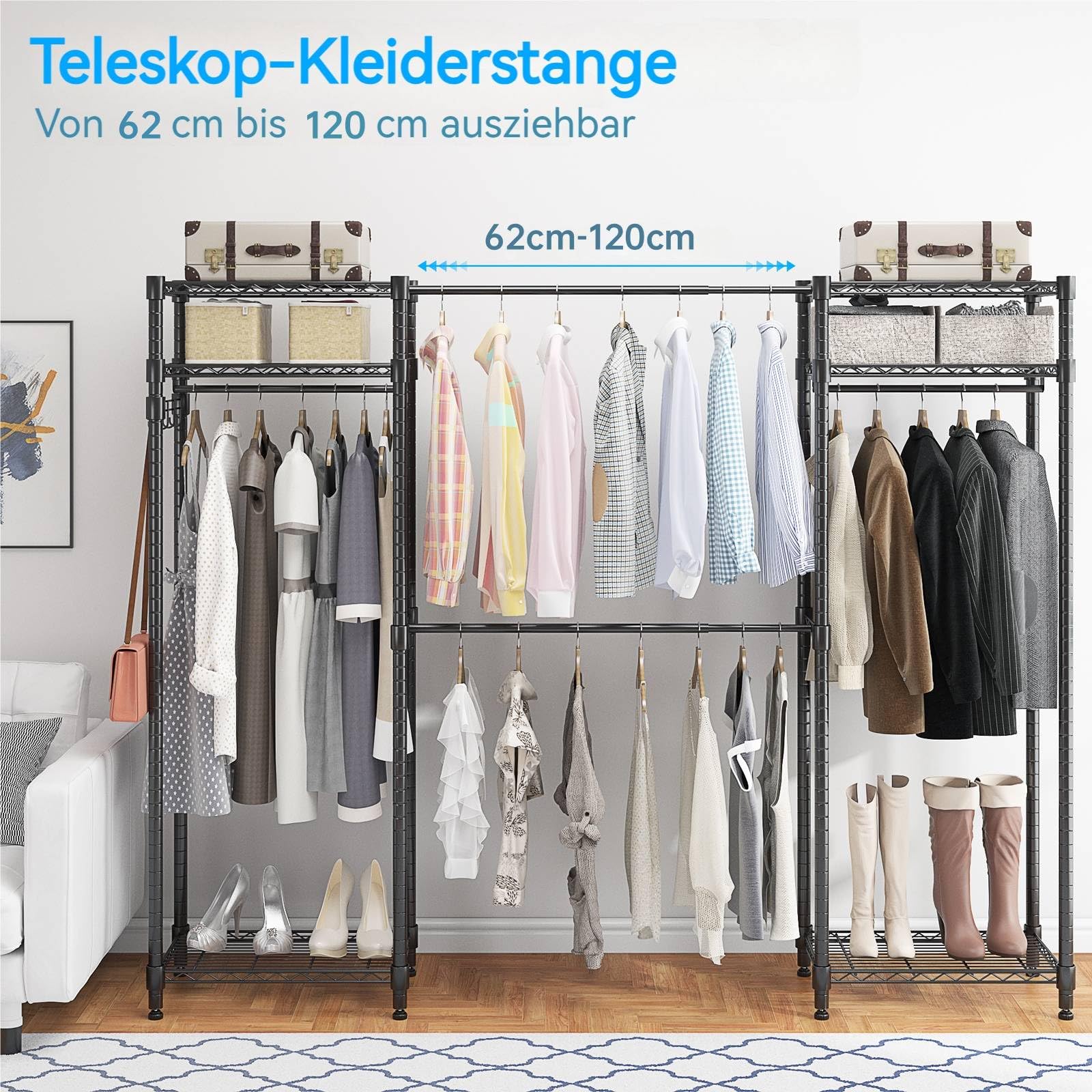 Himimi Teleskopstange Kleiderständer mit 4 Kleiderstangen und 6 Höhenverstellbaren Regalen 1 Haken Teleskop Regalsystem B (182-240) x H180 cm Anpassbar an Unterschiedlichste Räumlichkeiten Schwarz
