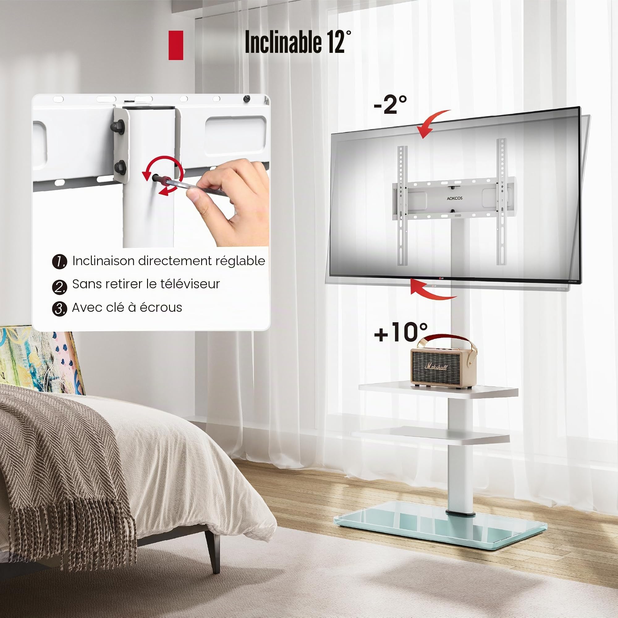AOKCOS Support TV pour téléviseur Plat et incurvé de 32 à 70" - Hauteur réglable - Orientable - 3 étagères - VESA 400 x 400 mm