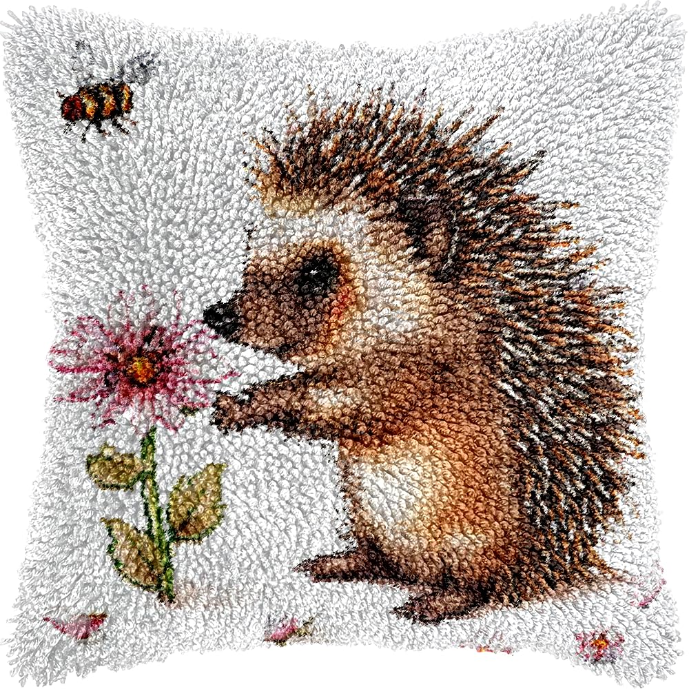 Cute Little Hedgehog and Little Flower DIY Latch Hook Kits Pillow with Printed Canvas Cushion Crochet Yarn Embroidery Hook and Latch Kit Pillowcase Christmas Decor 43x43cm(3)