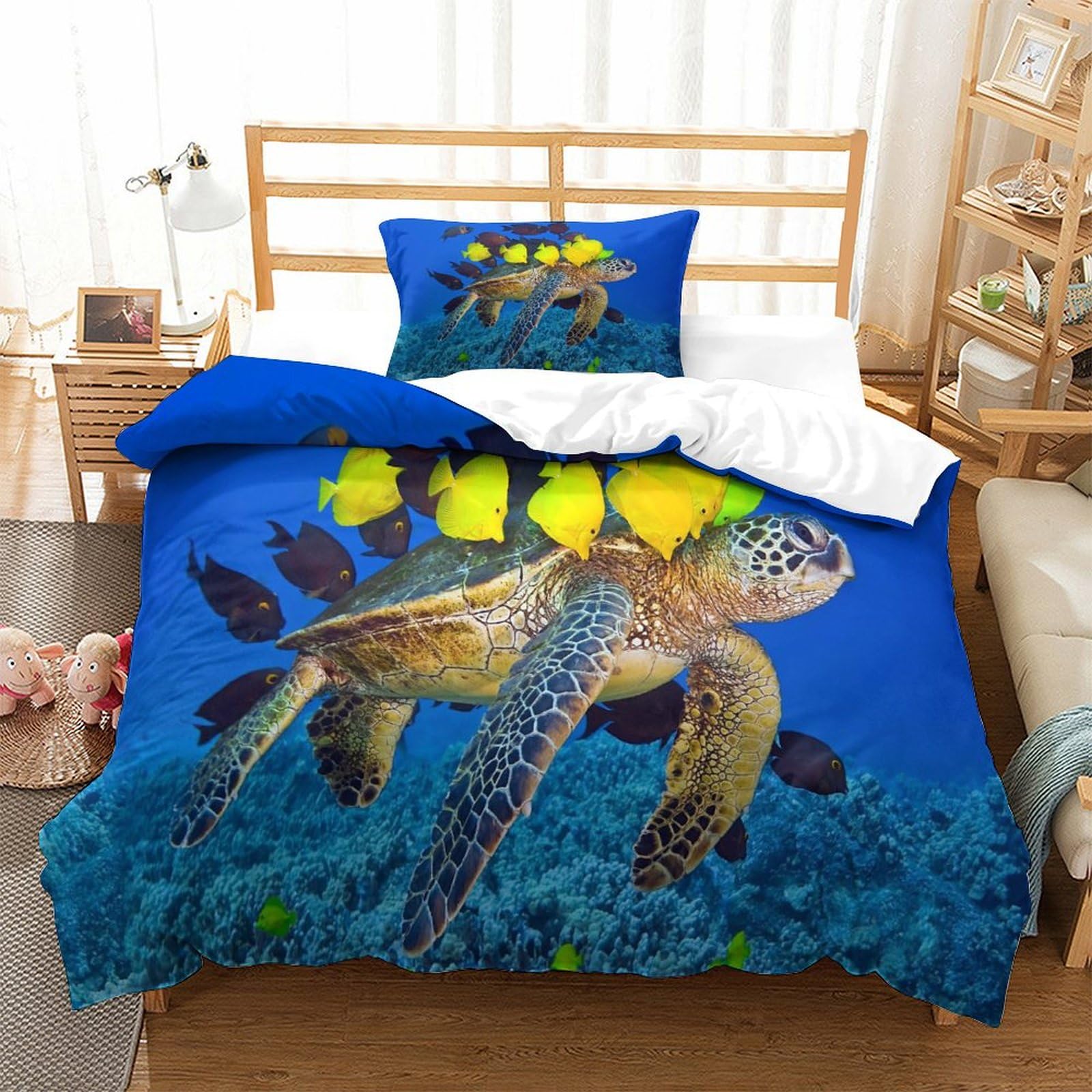P1s9u7w5y Sea Turtle-4 Ocean Sea Turtle 3D Printed Duvet Cover Set 3Pcs Microfiber Coral Fish Bedding Set Single（135X200cm）