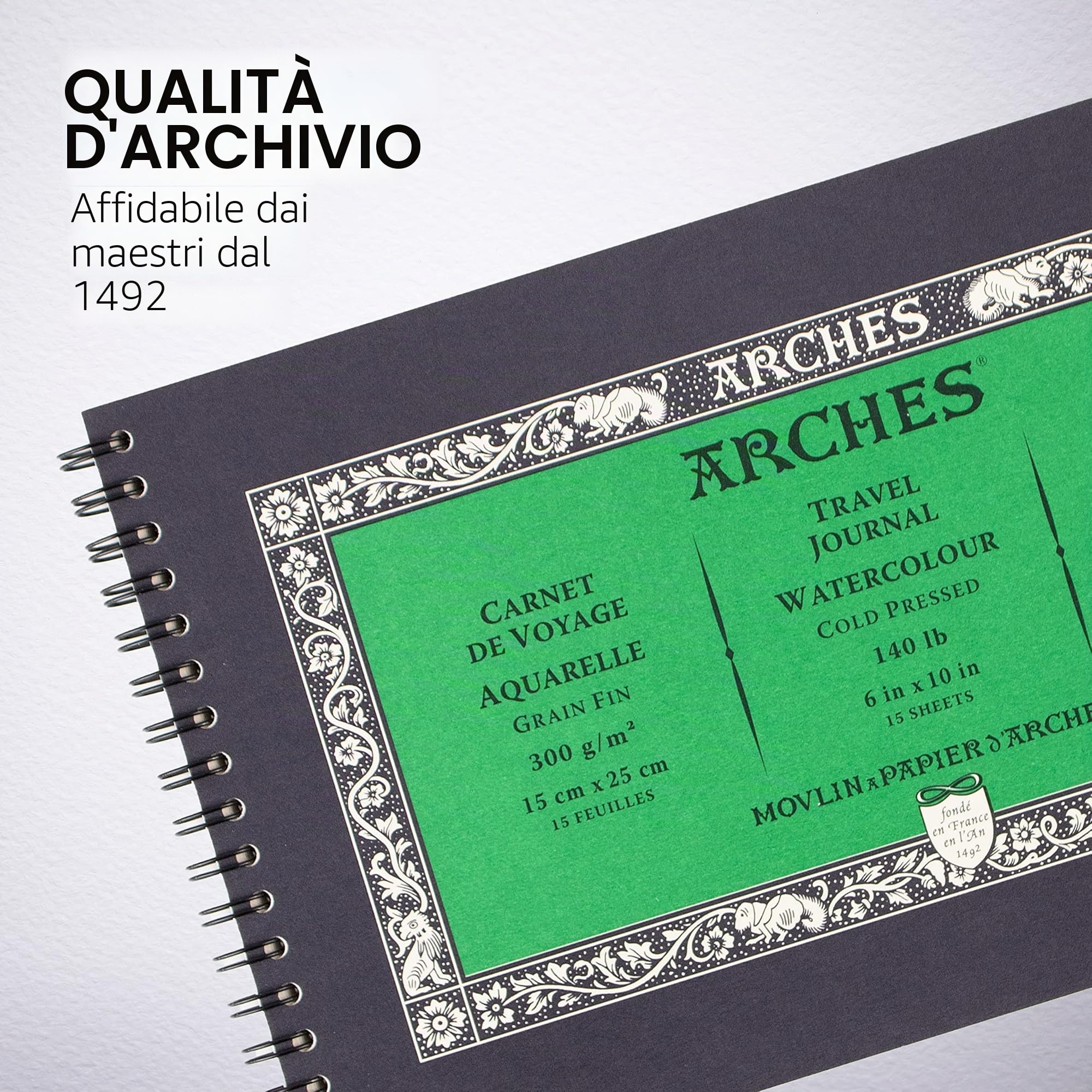 Arches Diario di Viaggio per Acquerelli - 15,2 x 25,4 cm, Bianco Naturale, 100% Cotone - 15 Fogli di Carta 63,5 kg Stampa a Freddo - Per Guazzo