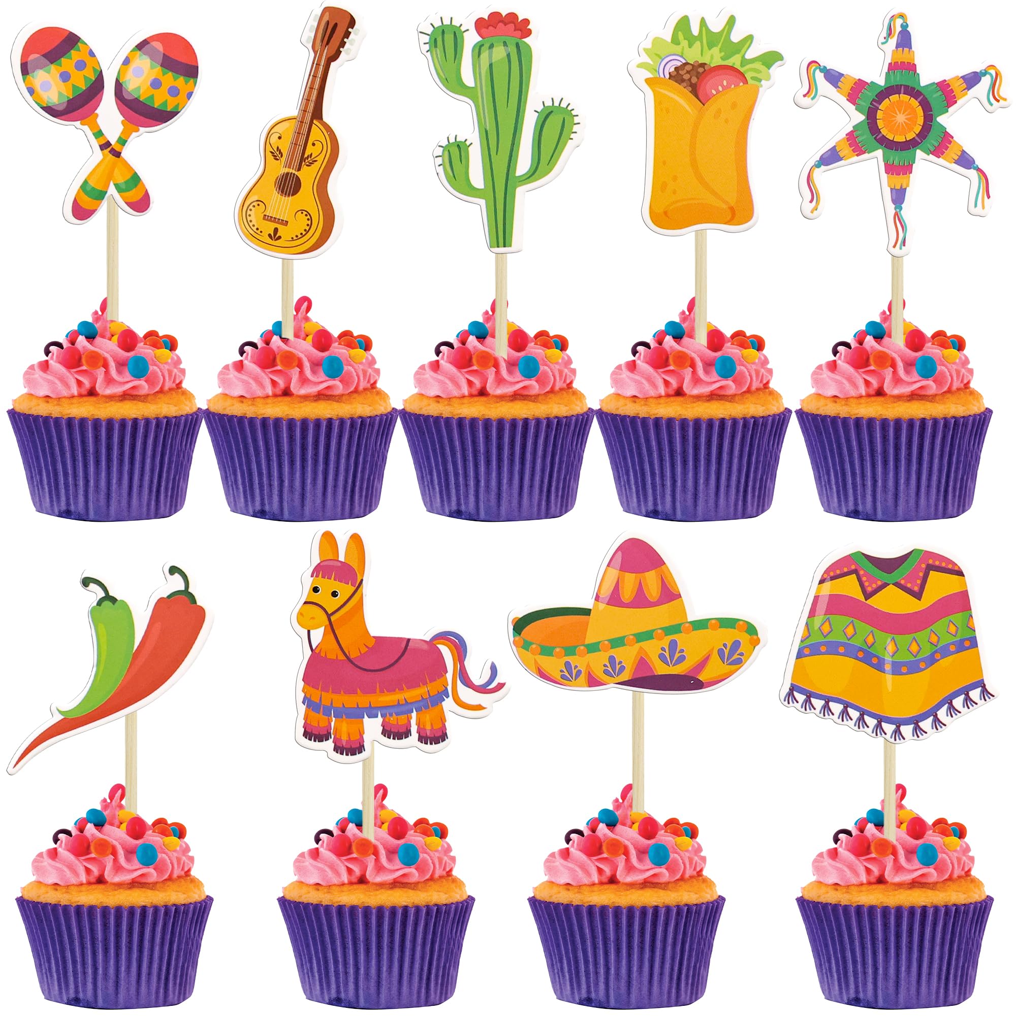 Ephlyn 36Pcs Mexican Fiesta Cupcake Toppers Cactus Donkey Maraca Sombrero Guitar Cupcake Picks Mexican Fiesta Theme Baby Shower Birthday Party Cake Decorations Supplies