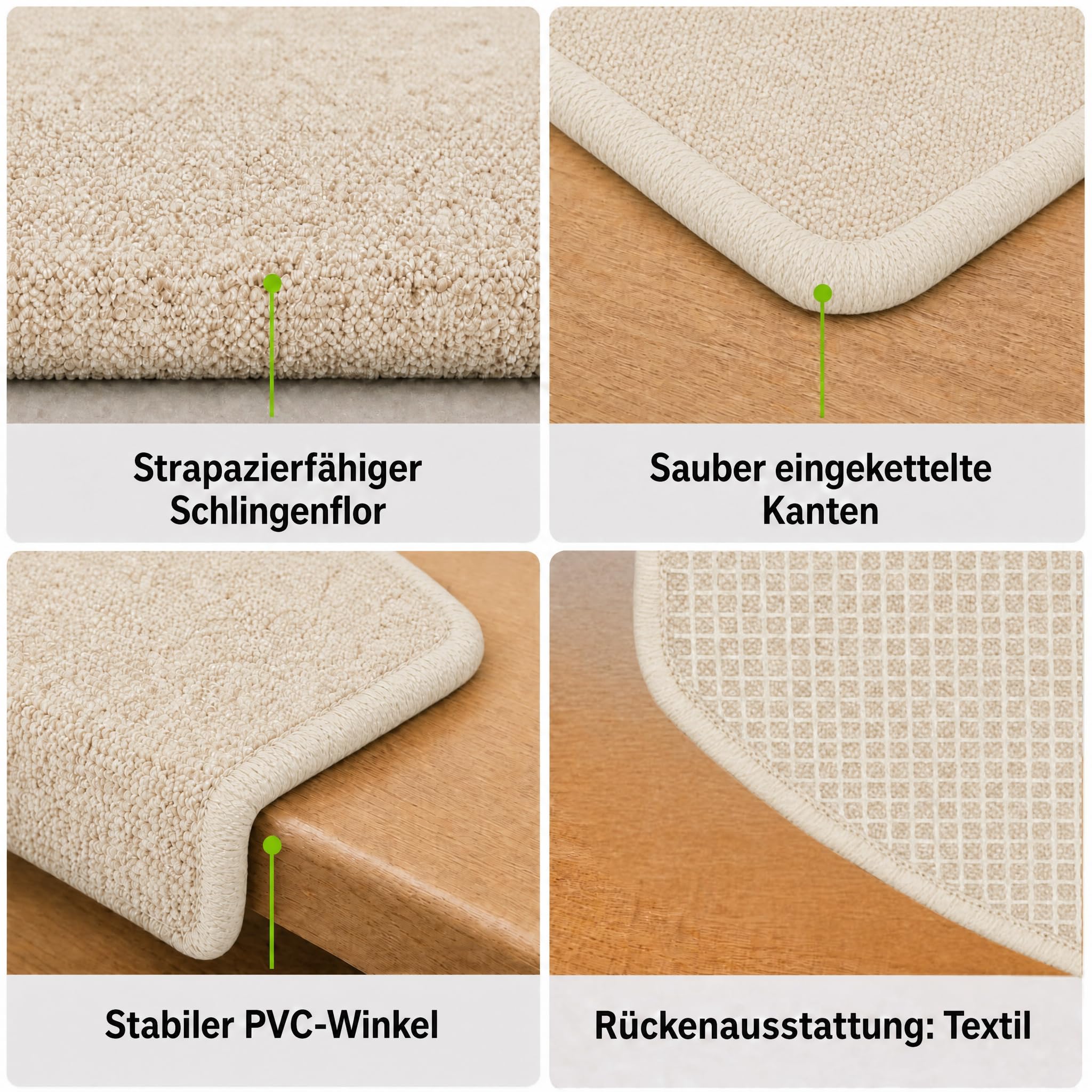Kettelservice-Metzker Stufenmatten Treppe Rambo, 15er Set, halbrund, Beige, ca. 65 x 24 x 4 cm, Flor 6 mm, Trittschall ~20 dB, Polypropylen, PVC-Winkel, gekettelte Kanten