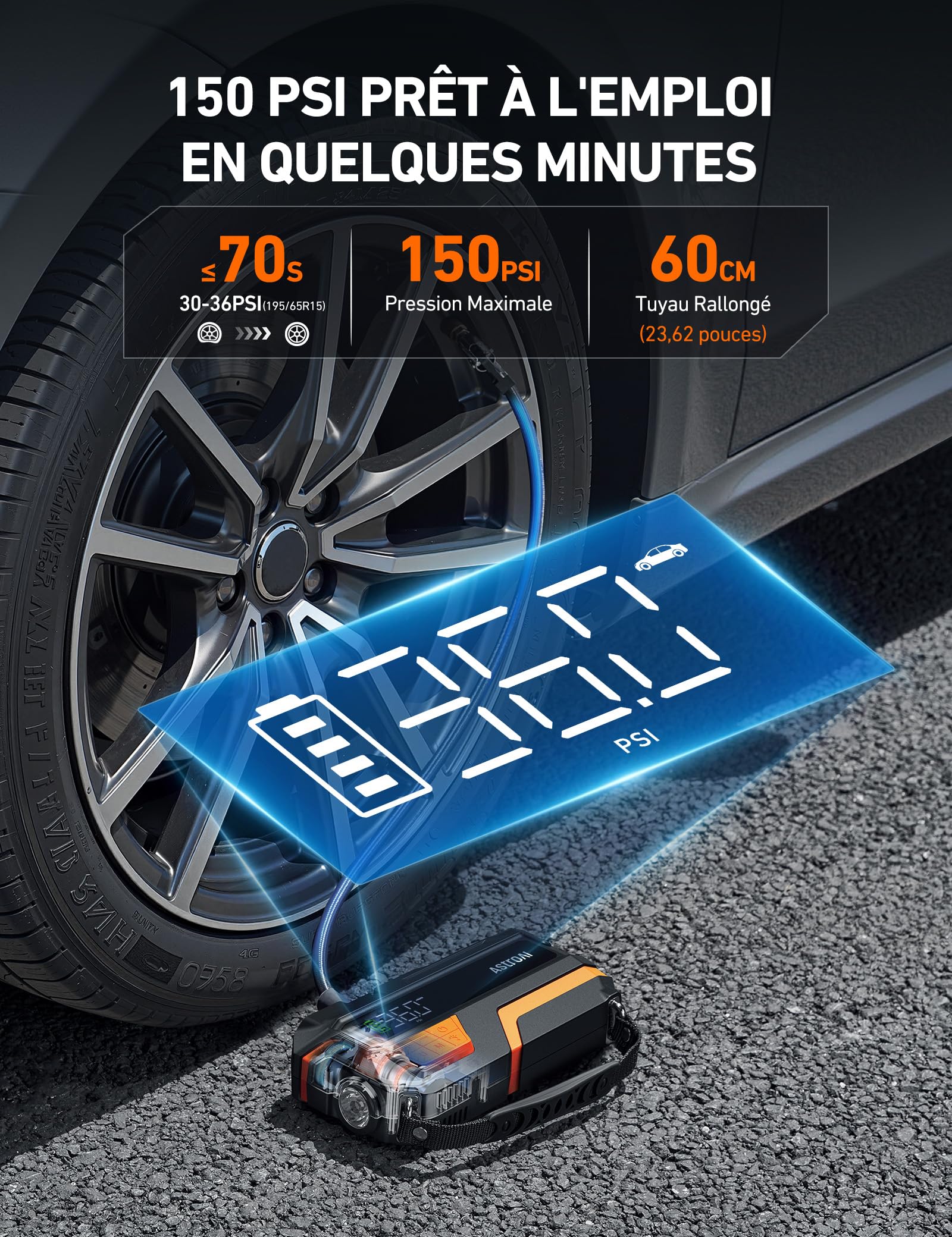 AstroAI Booster Batterie Voiture 6000A Démarreur avec Compresseur à Air | 150PSI 12V 10L Essence/8 L Diesel, Ecran LED Pinces de Sécurité Facilité d'Utilisation Compact pour Voitures Motos SUV Orange