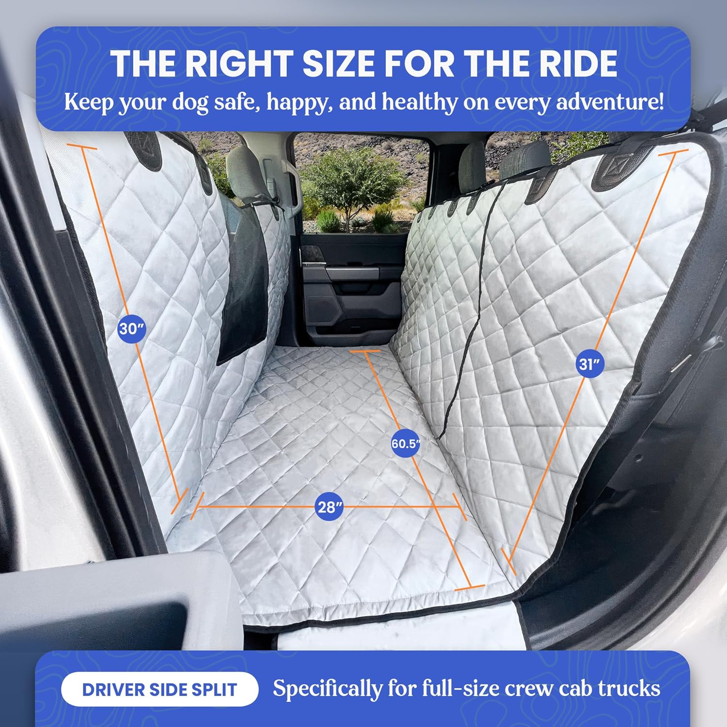 4Knines Dog Floor Hammock for Truck & Crew Cab with Fold Up Seats – Back Seat Pet Cover for Dogs – Compatible with Ram and Nissan Full Size Trucks (Driver Side Split, Grey)