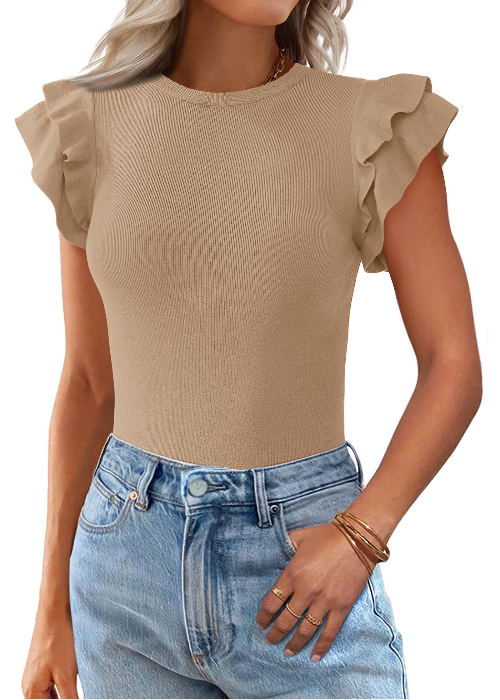 KIRUNDO Summer Sweaters for Women Lightweight 2025 Fall Ruffle Short Sleeve Business Casual Tops Slim Soft Knit T Shirts