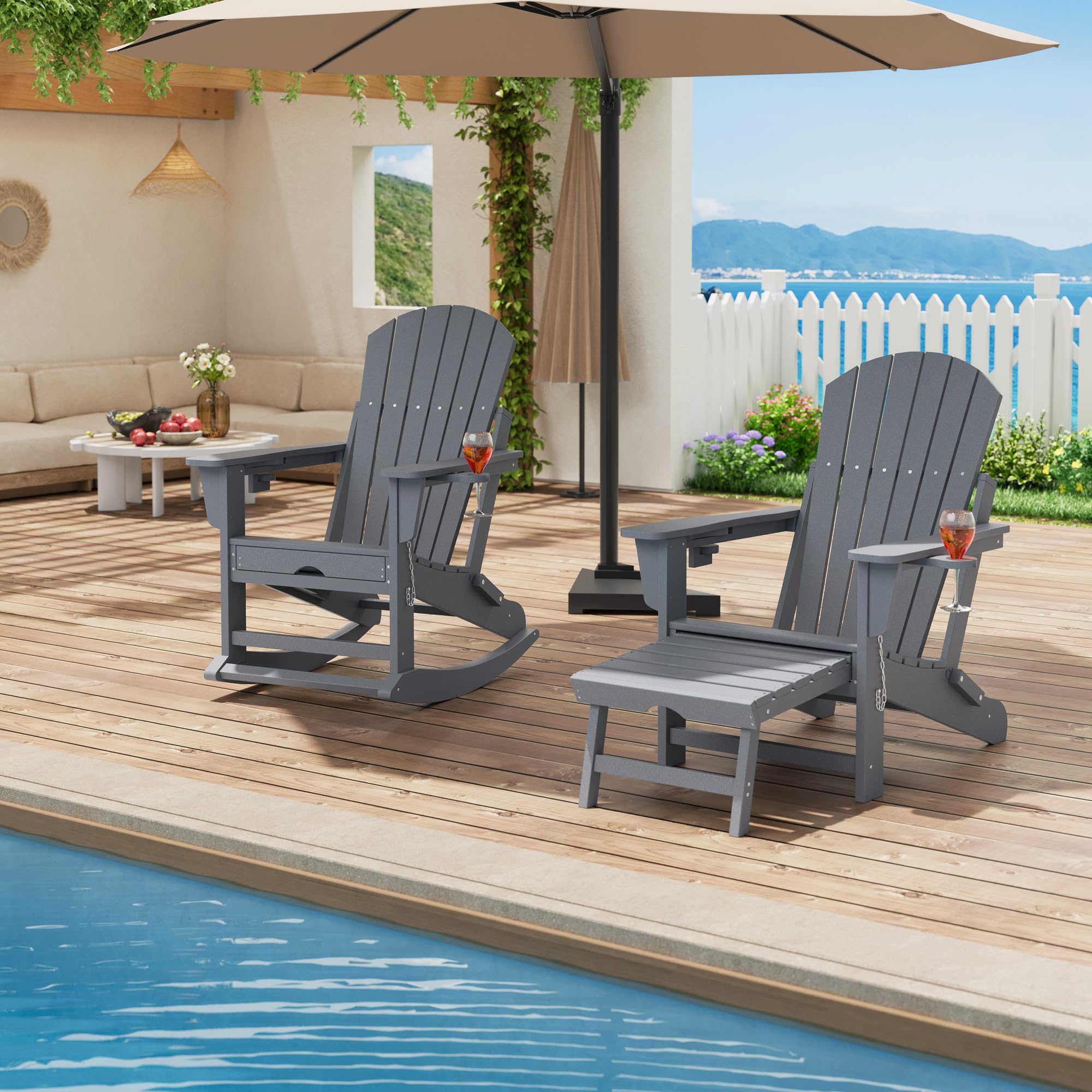 GarveeTech Silla Mecedora Adirondack Plegable para Patio y jardín - Reposapiés y 2 portavasos retráctiles - HDPE Resistente al Clima - Ideal para terraza y Porche - Color: Gris