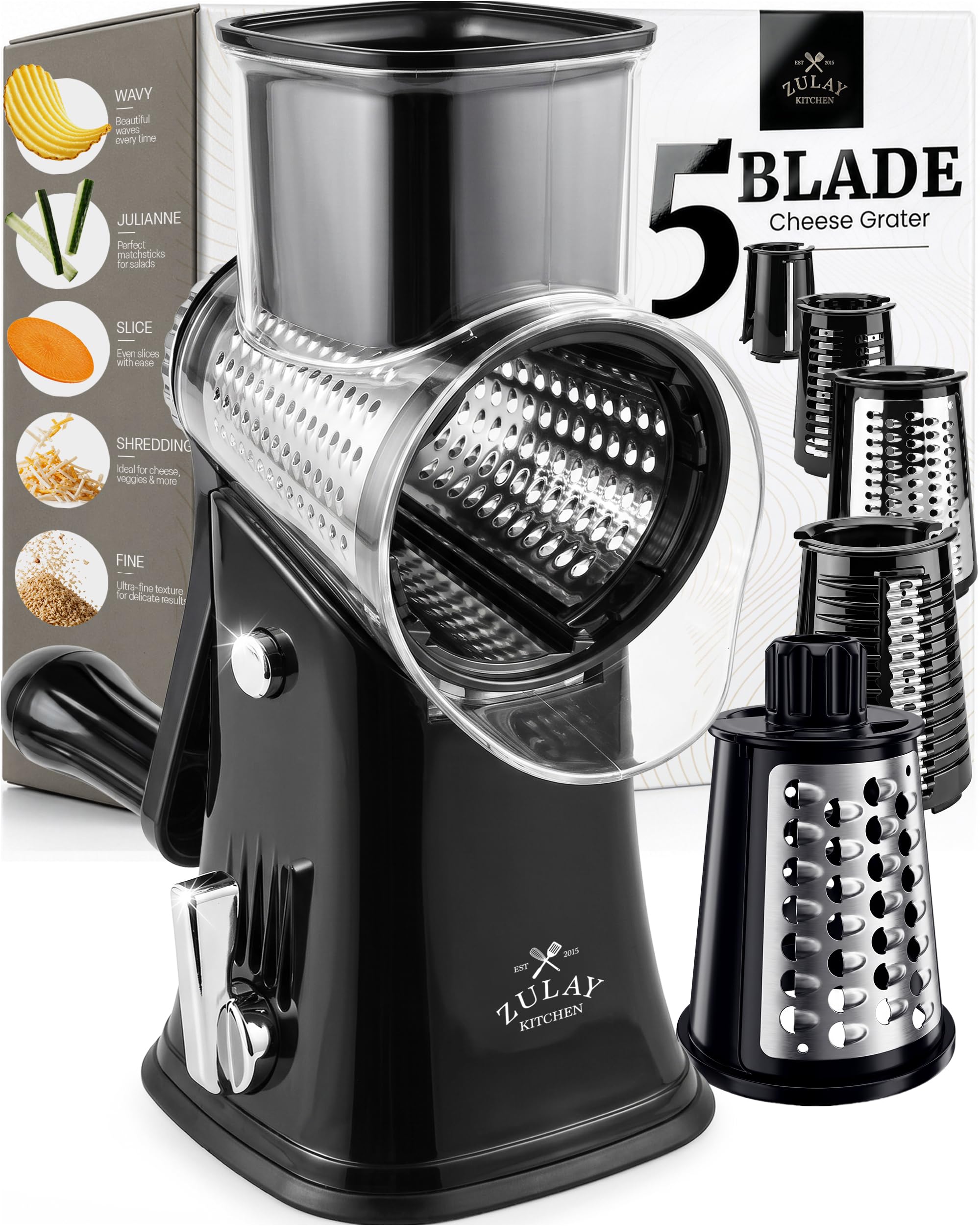 Rotary Cheese Grater Manual Hand Crank 5 Blade Shredder, Black & Chrome