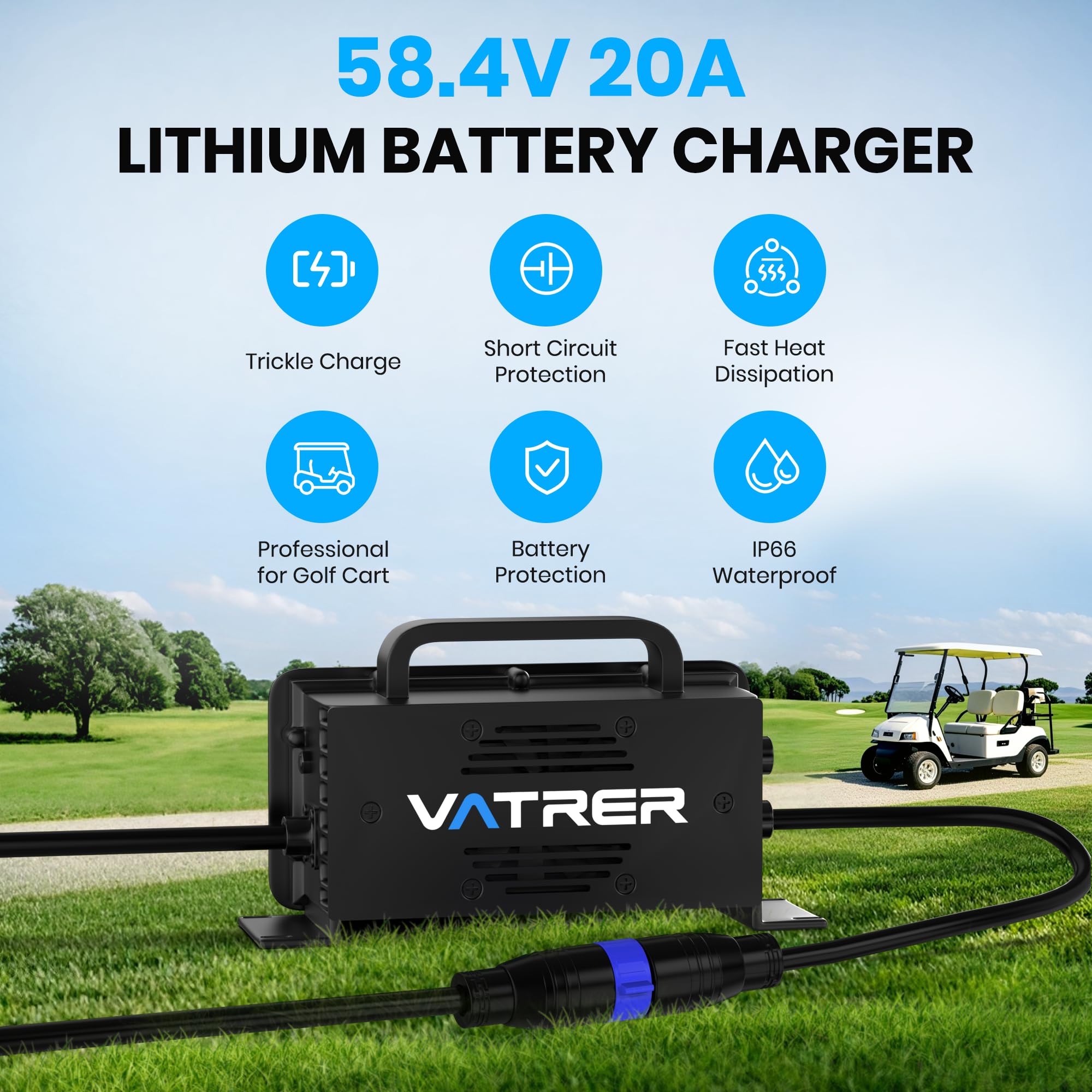 58.4V 20A LiFePO4 Lithium Battery Charger AC-DC Smart 48V Golf Cart Charger for 48V (51.2V) Golf Cart LiFePO4 Lithium Battery with Multiple Protections