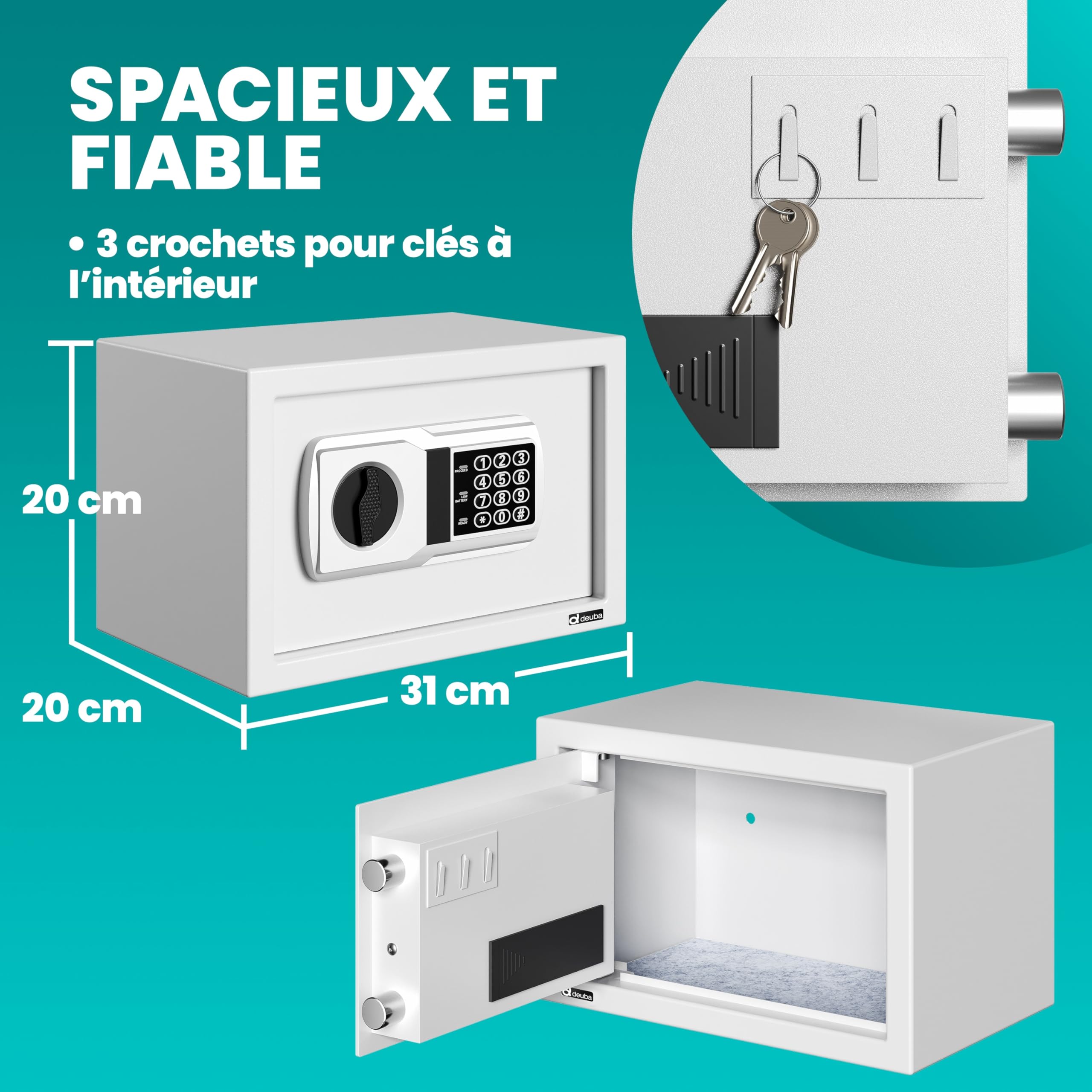 DEUBA® Coffre Fort Électronique Argent 31 x 20 x 20 Cm avec Cadenas Code pour Argent Bijoux Document et Livre Porte Acier Épaisse Verrouillage Double Pêne Fixation Murale ou Sol
