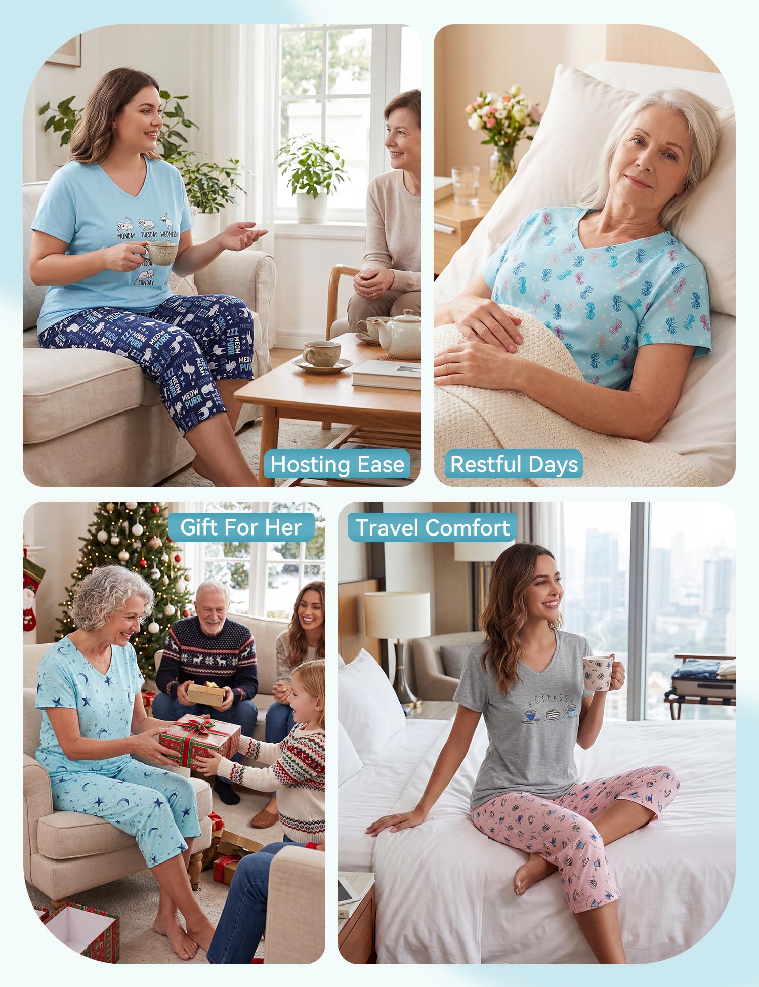 American Trends Paquete de 2 pijamas de algodón para mujer, conjunto de dos piezas de manga corta con pantalones capri, conjunto de pijama de verano