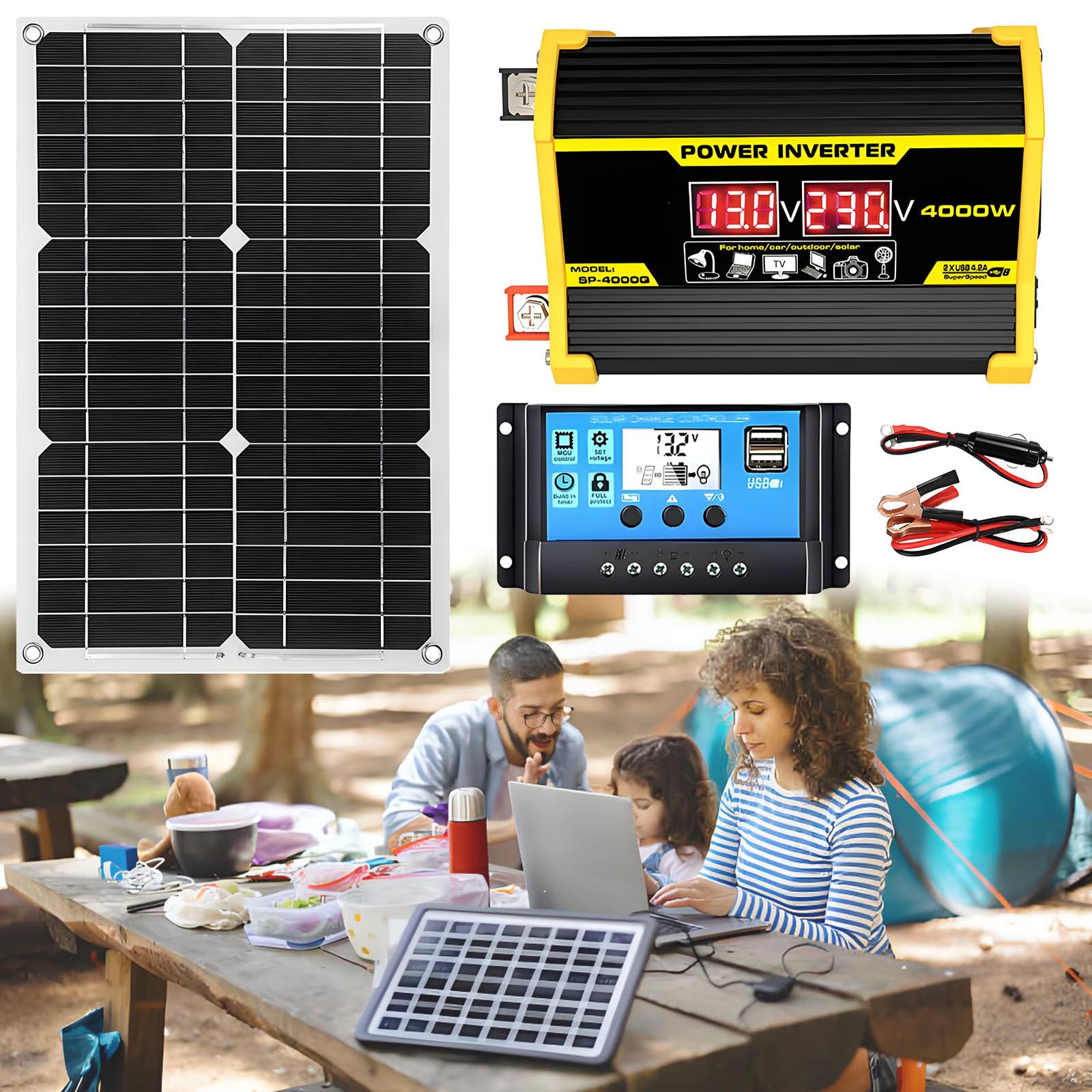 Kit De Panel Solar, Placas Solares para Casa Kit Completo 400W, Panel Solar Plegable De 18W, Controlador De Carga Solar De 30A con Pantalla LED De Potencia Y 2 Puertos USB Black-220V